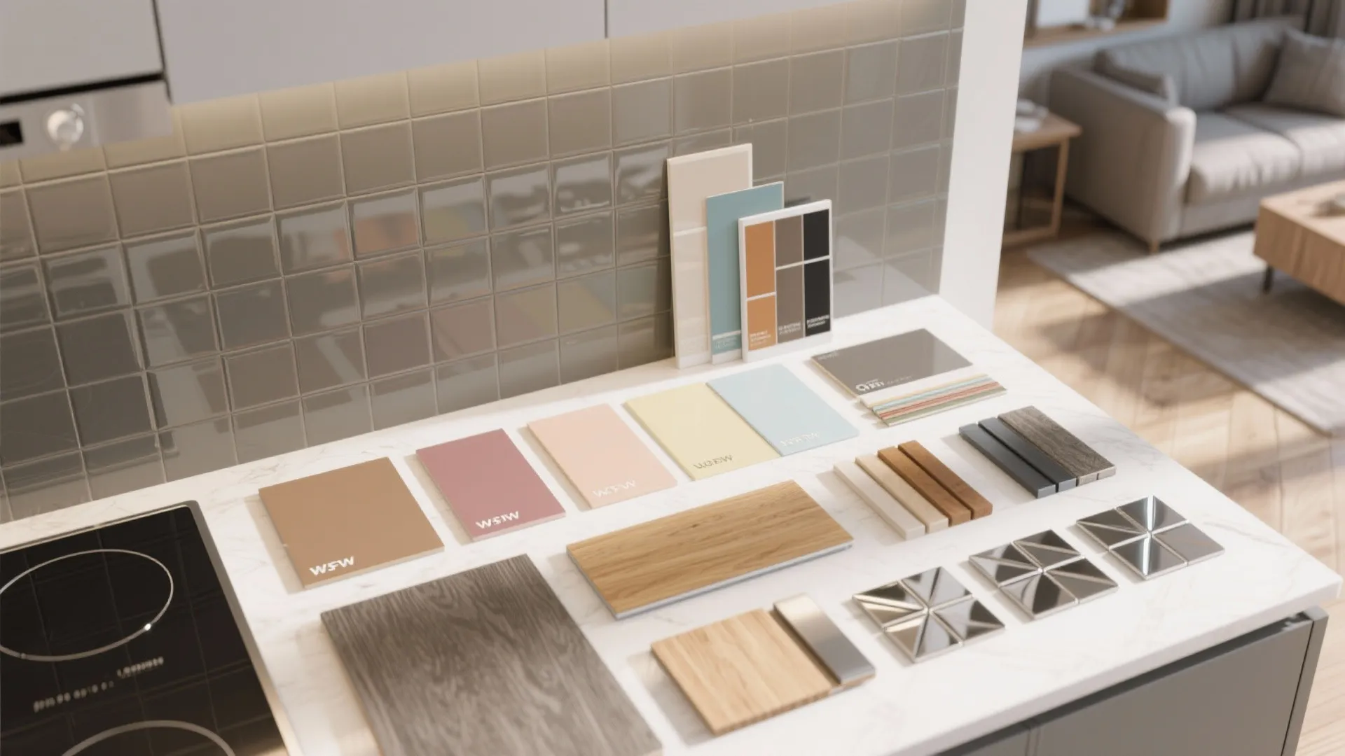 Interior design material samples and color boards arranged neatly on a white kitchen counter top