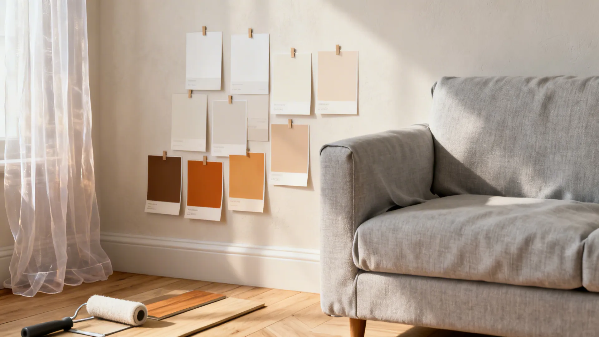 Paint and fabric samples showing warm neutrals, pale gray sofa fabric and sheer curtains for a bright small living room.
