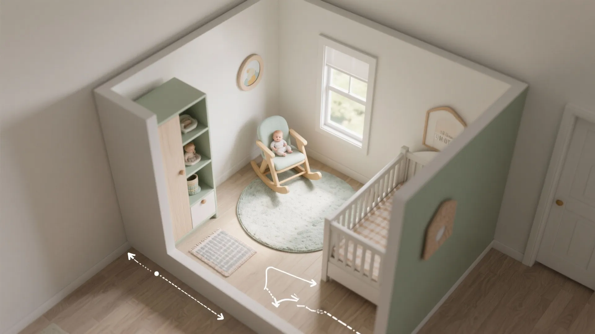 Small baby nursery room layout with white crib rocking chair green cabinet and round rug