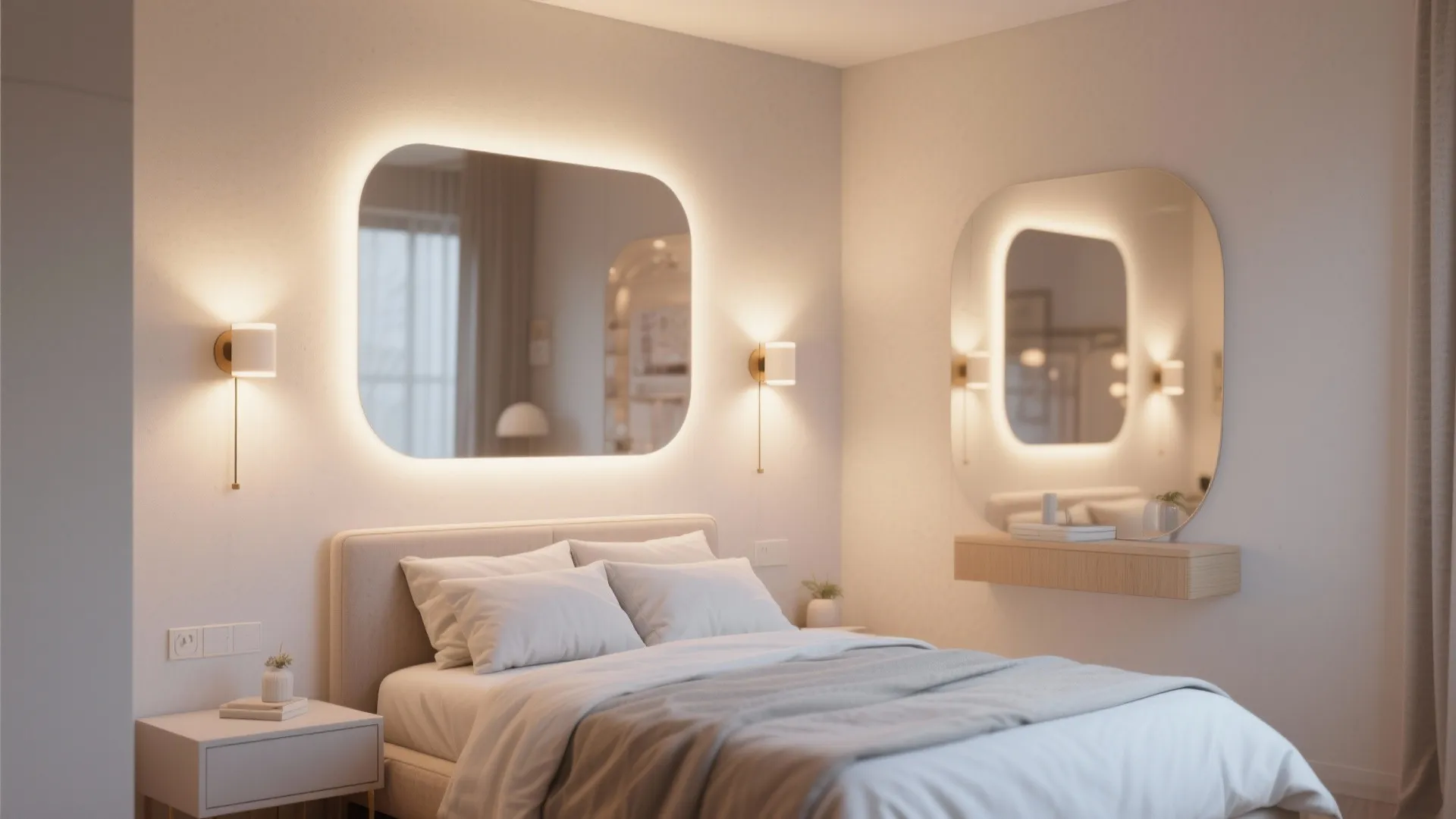 Cozy bedroom with glowing backlit mirrors on the wall above the bed and side tables