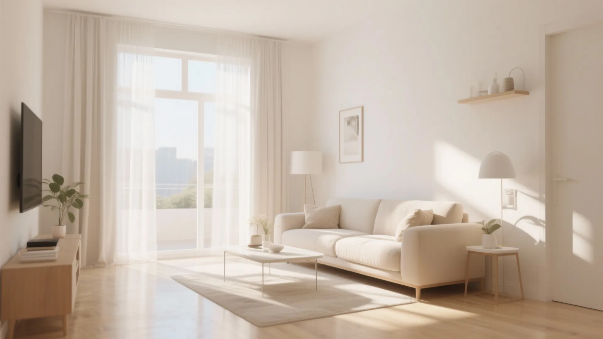 Minimalist bright living room with cream sofa white coffee table wooden floor and large windows