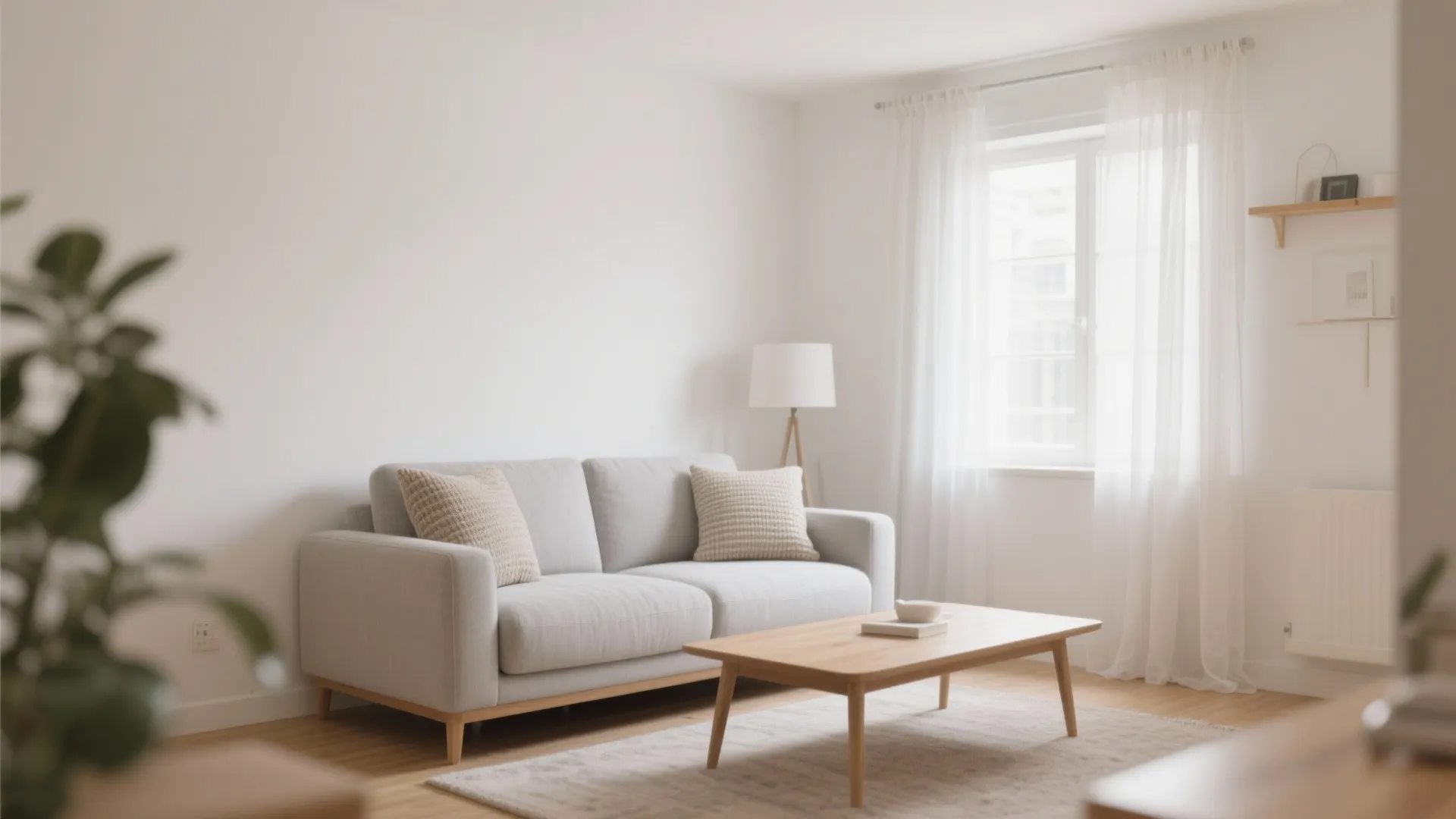 Minimalist living room with grey sofa wooden coffee table white curtains and a simple floor lamp