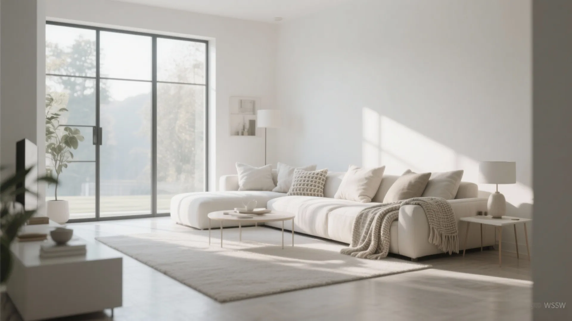 Bright minimal living room with white corner sofa wooden coffee table large windows and soft sunlight