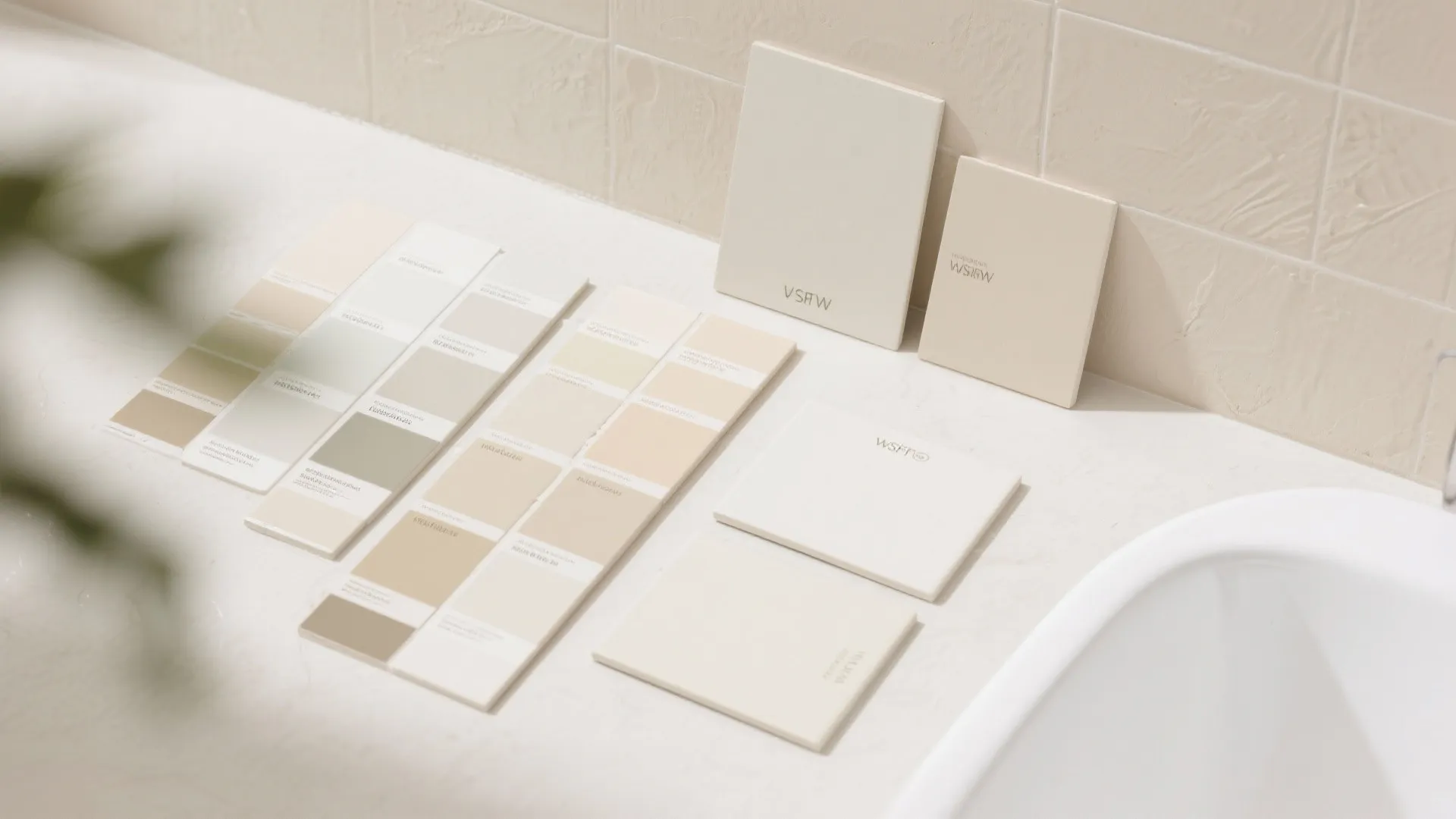 Various light color paint samples and tile materials displayed on a white counter near sink
