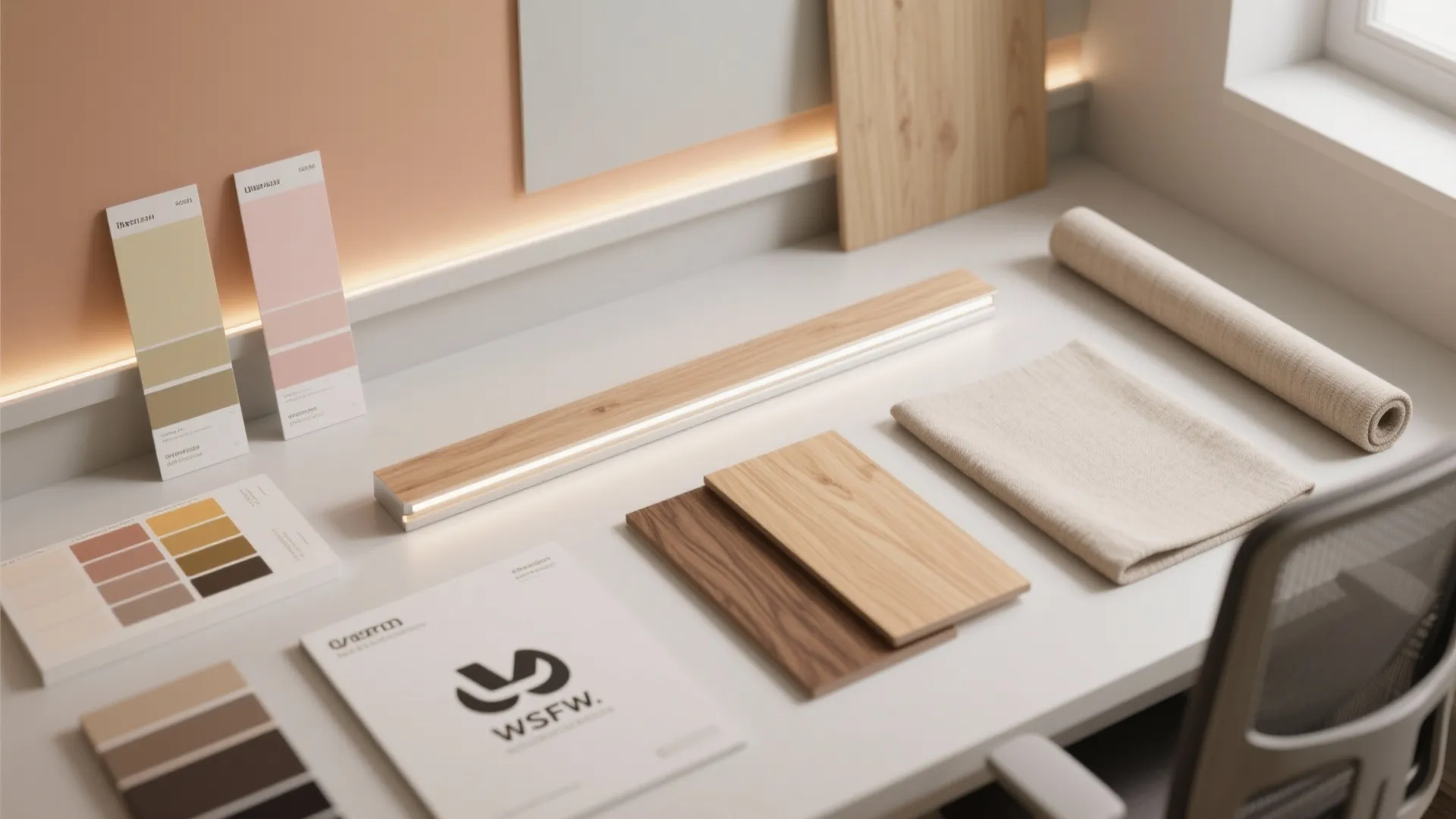 Interior design materials on white desk including wood panels fabric samples color cards and light fixture