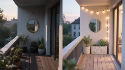 Cozy Balcony Design with String Lights & Greenery