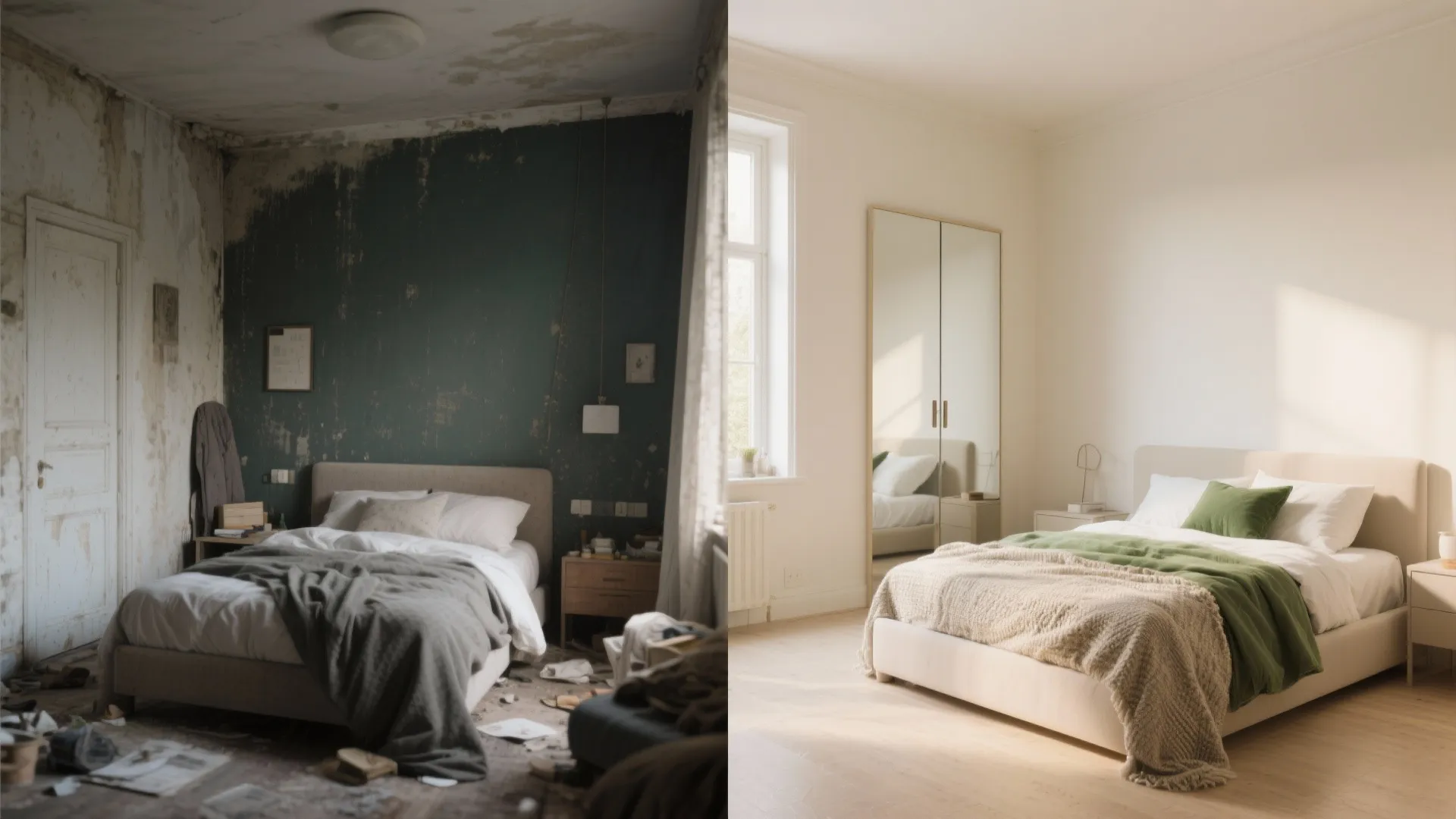 Before and after comparison of a messy dark bedroom transformed into a bright clean modern space