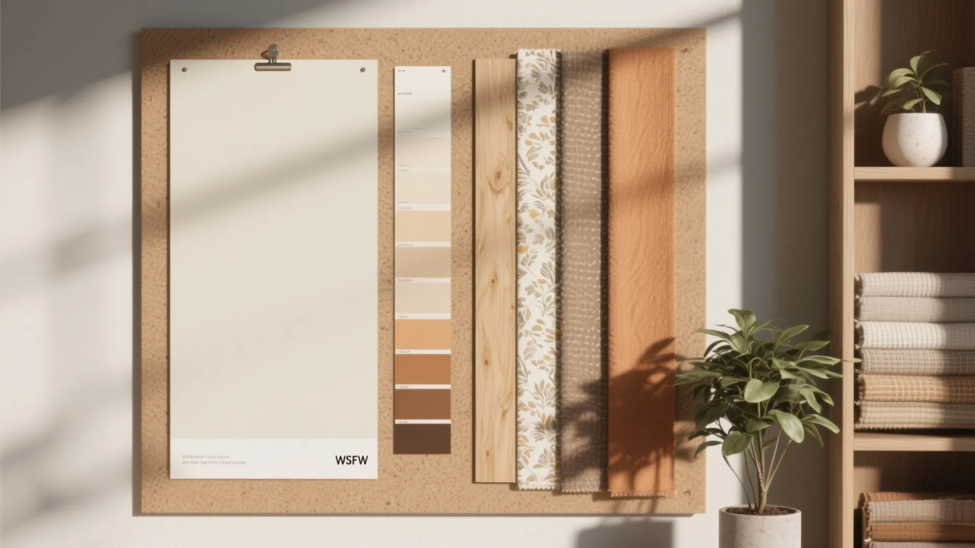 Interior design moodboard on corkboard showing paint swatches wood samples fabric strips and potted plant