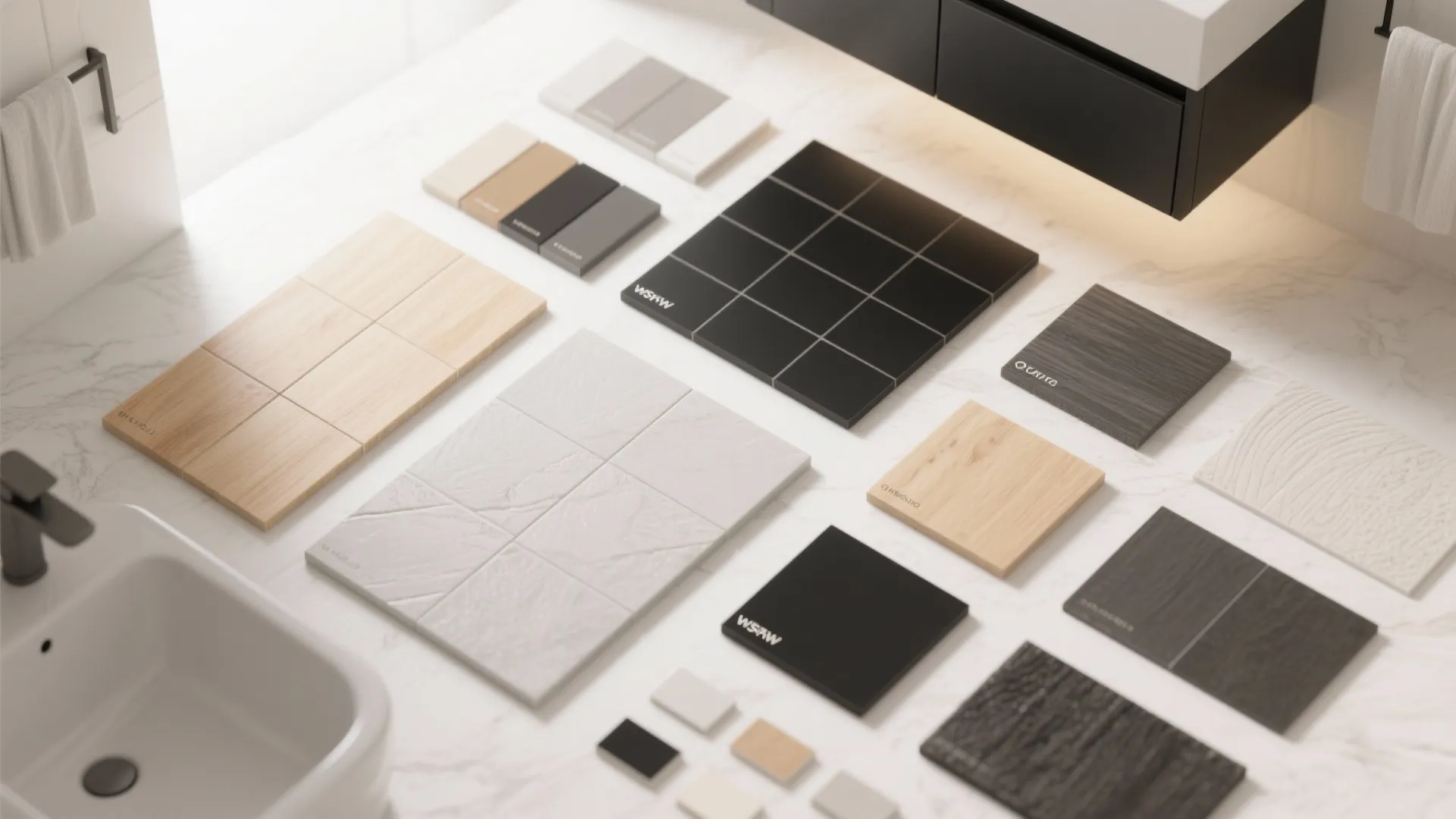 Collection of various interior design material samples including wood tiles and black stone on counter