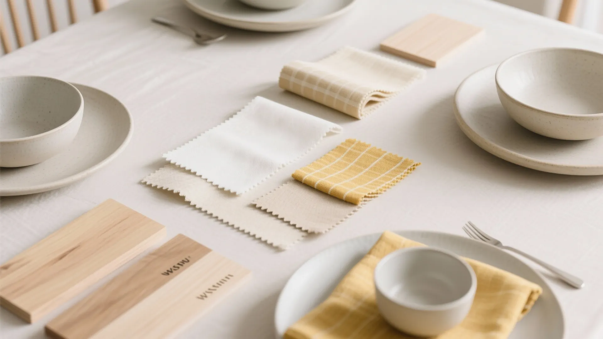 Dining table displaying interior design material samples including yellow fabric swatches and light wood blocks