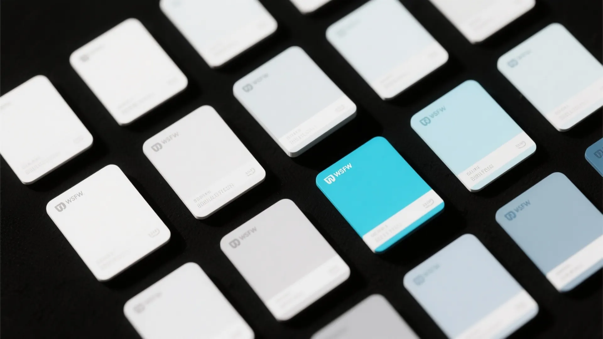 A variety of white and blue color samples laid out neatly on a black surface