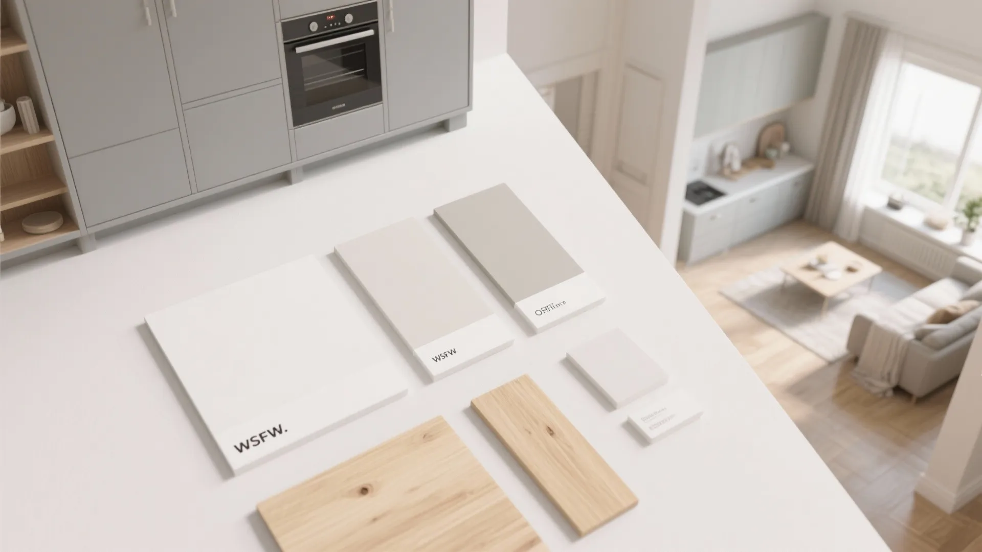 Neutral color samples and wood material boards placed on white kitchen counter for interior design planning