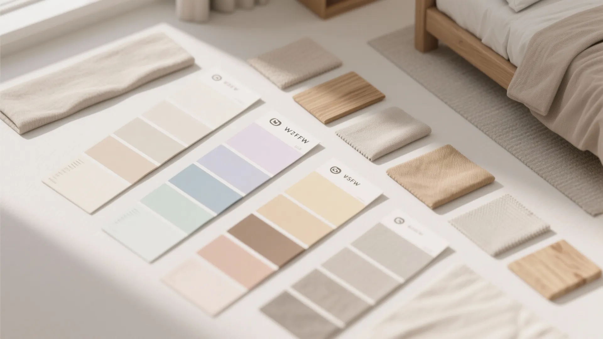 Selection of light color paint samples and fabric material swatches on a clean white floor