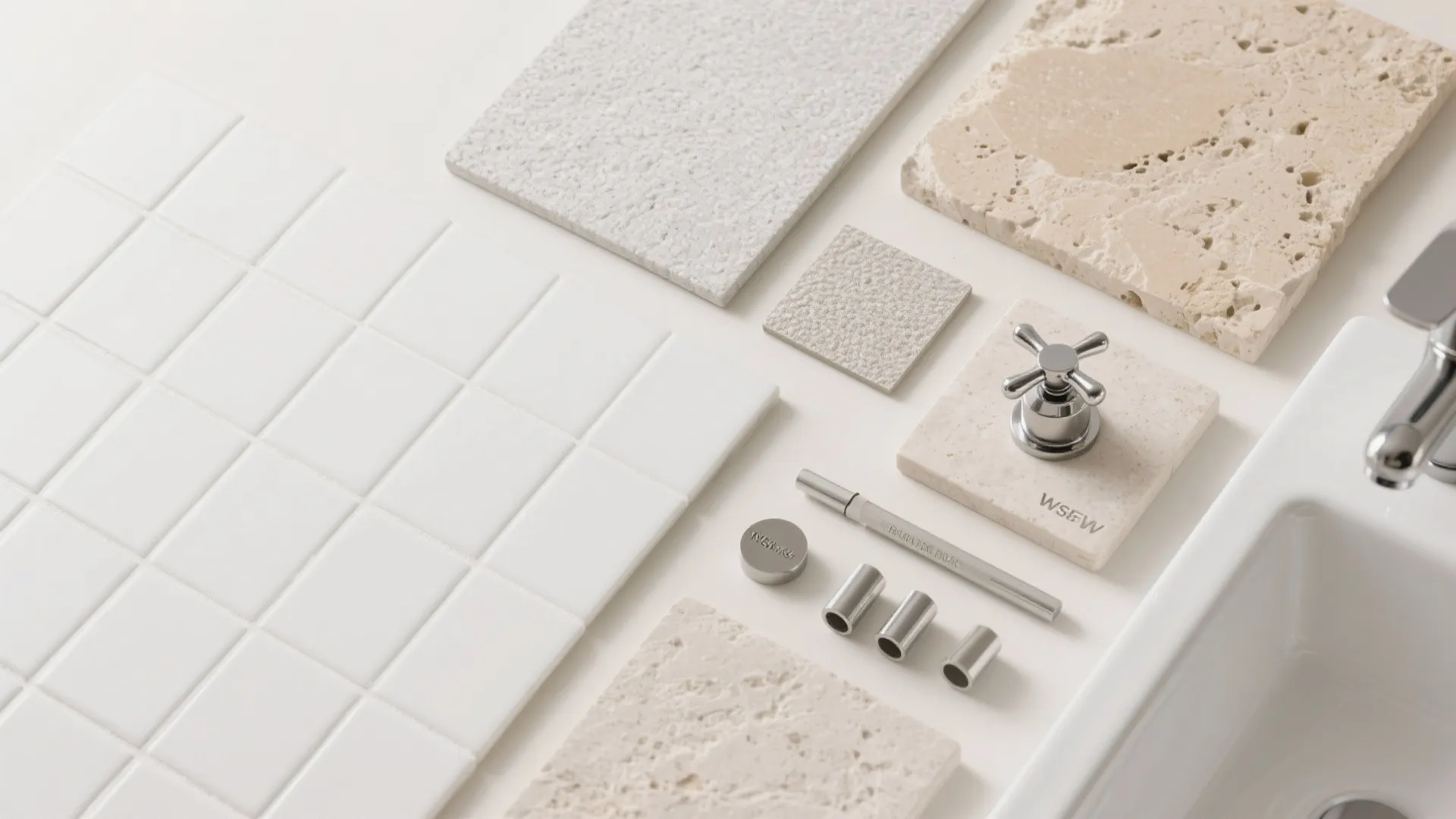 Interior design material board with white tiles and beige stone samples on a white background