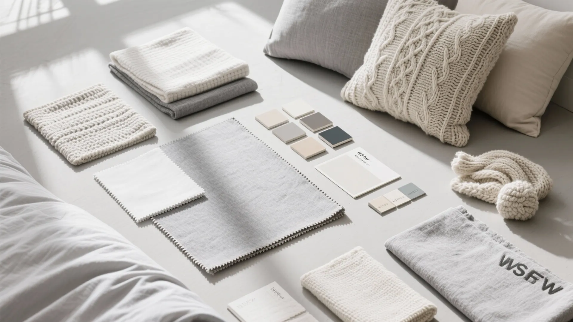 Flat lay of light gray and warm white color samples for bedroom design