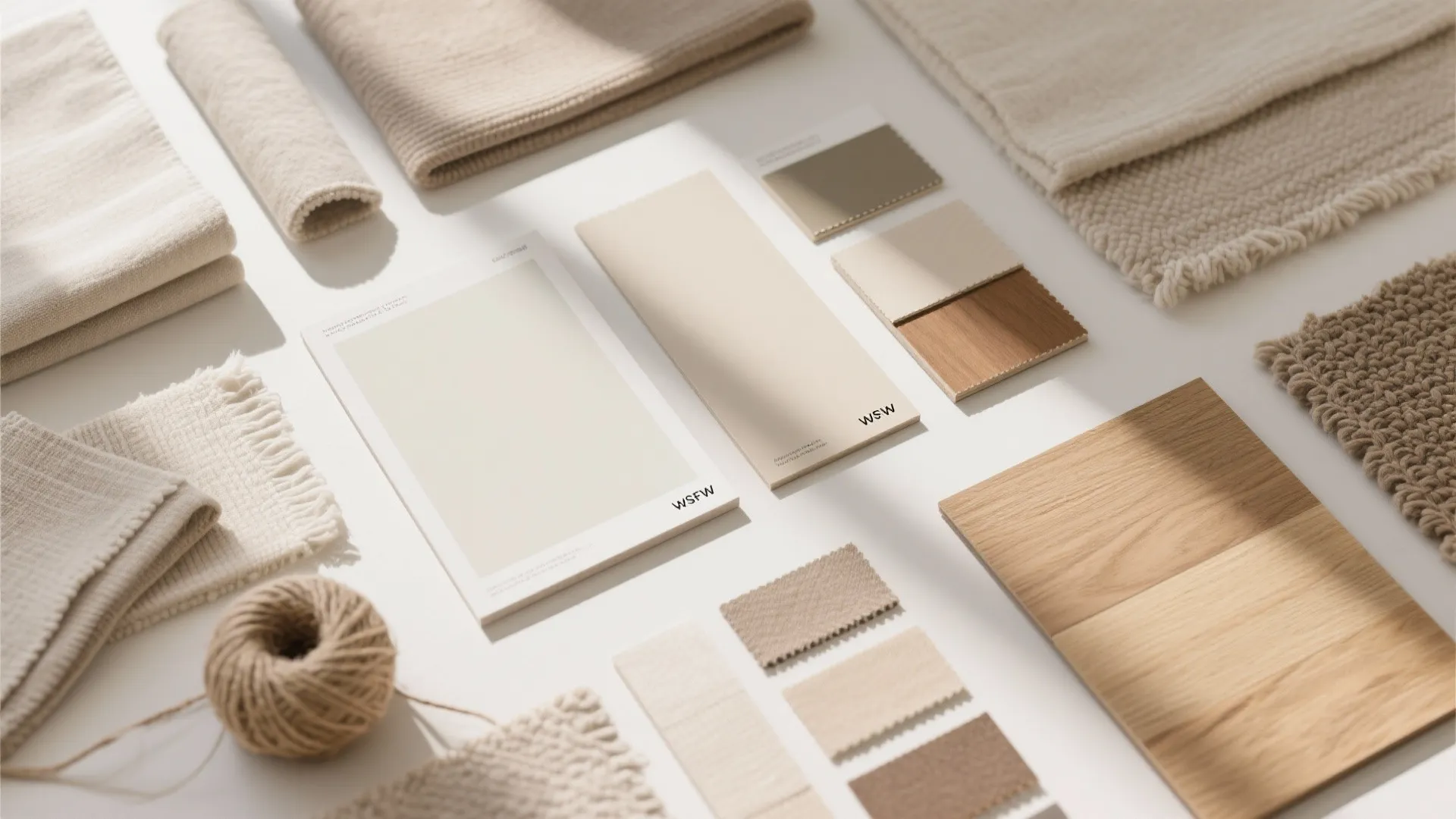 Flatlay of neutral layered color materials for bedroom design