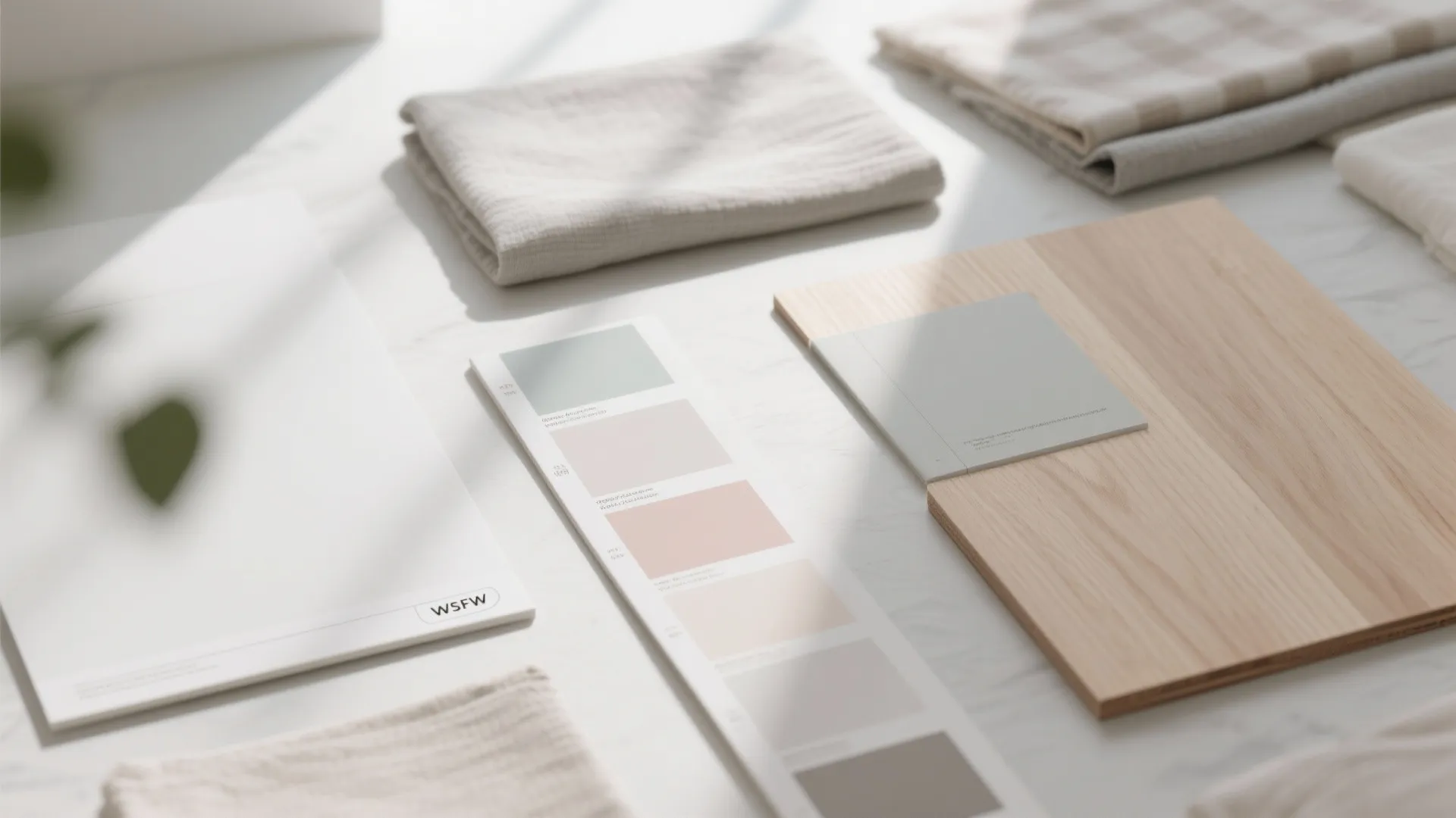 Interior design mood board with fabric samples wood board and light pink paint color strips