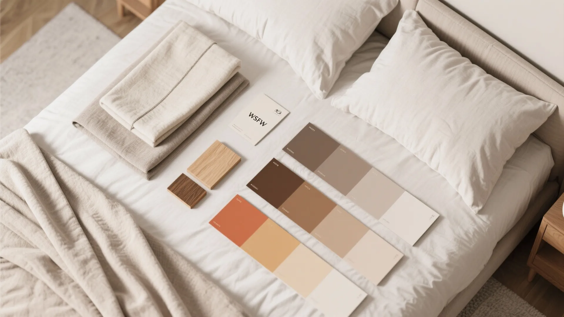 Warm color palette samples and wood swatches placed on a white bed for interior design planning