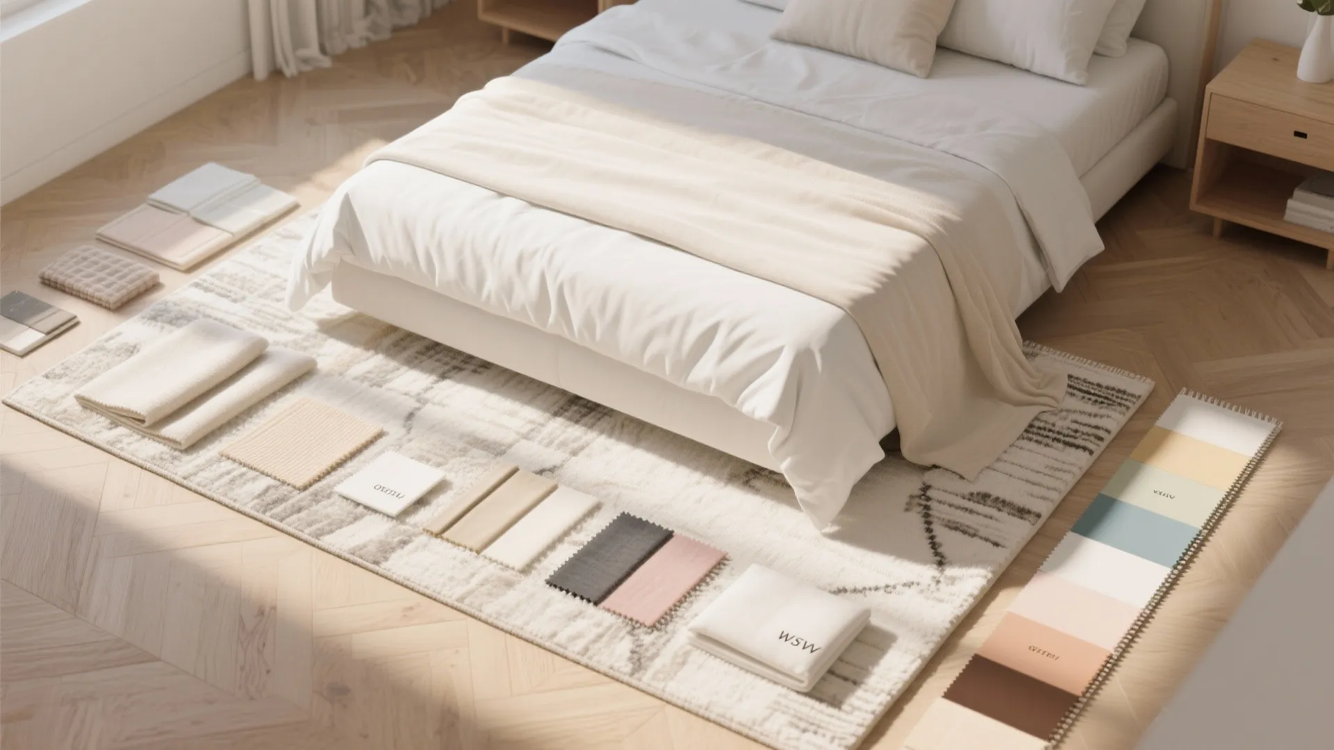 Flatlay of bedroom light color palette and textiles