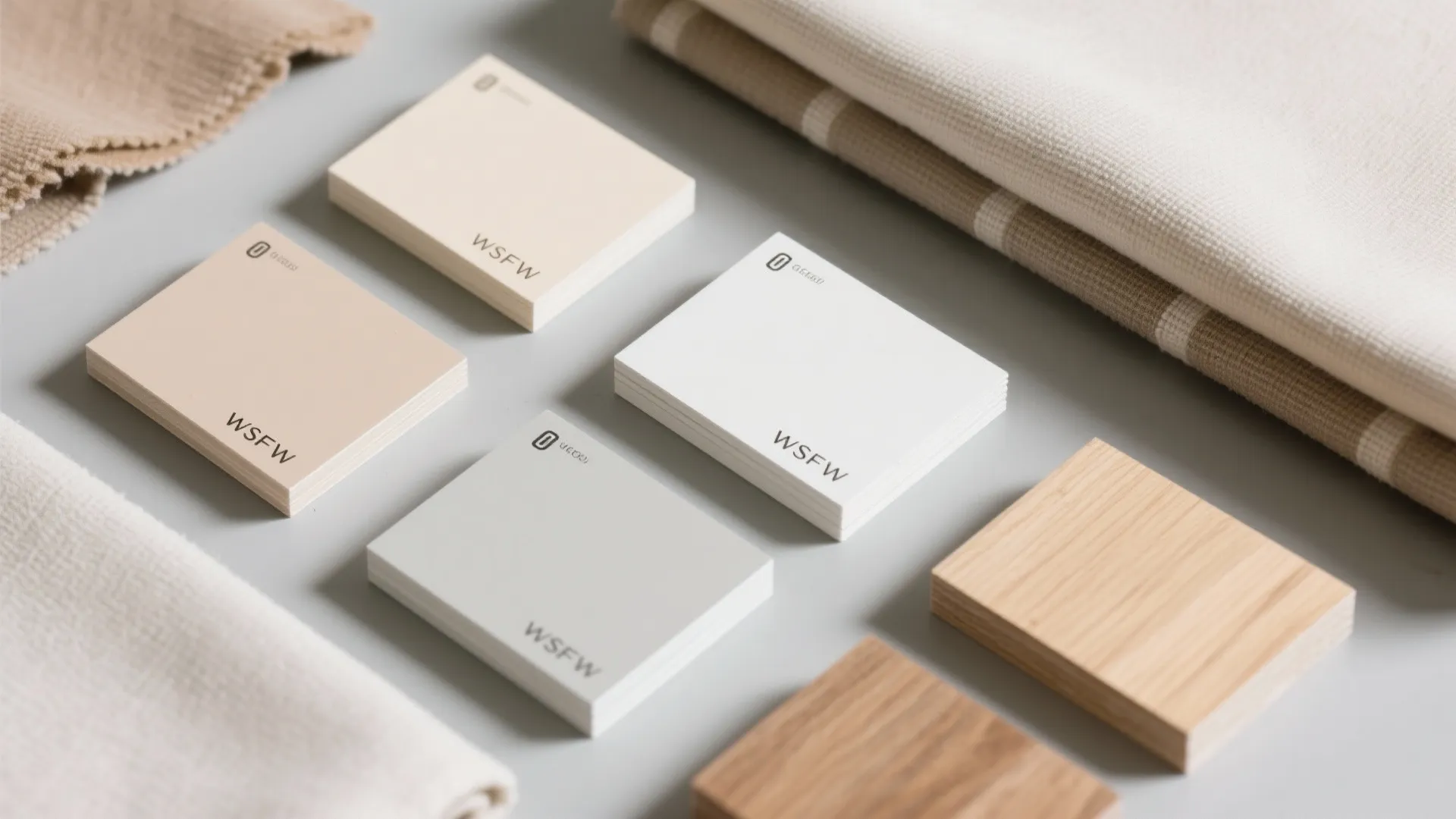 Selection of light colored paint swatches and wood samples on table with soft fabric textures