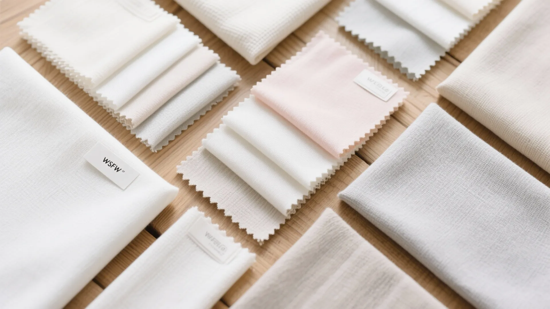 Various light colored fabric samples in white beige and pink organized on a wooden table