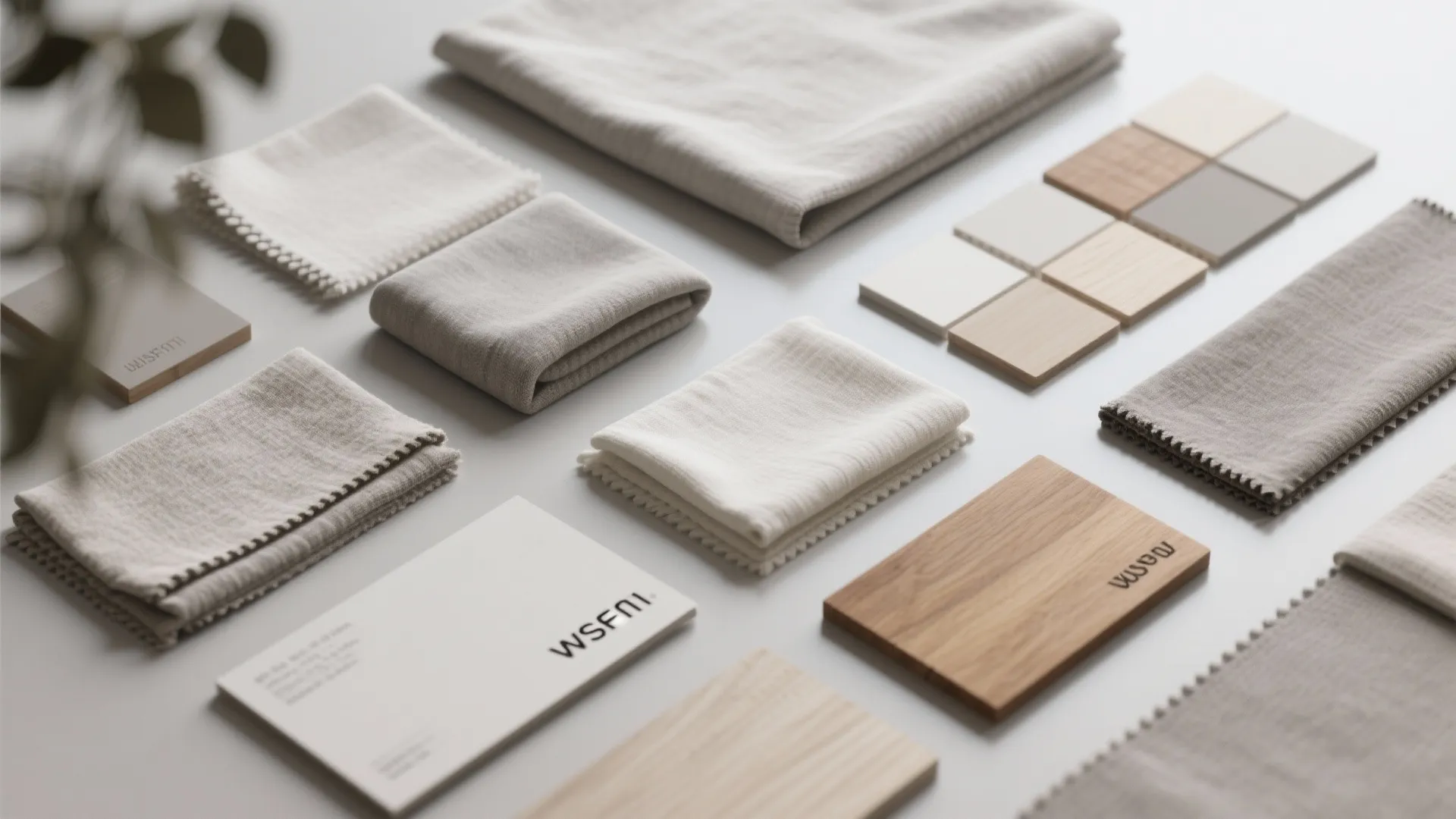 Selection of light colored fabric swatches and wood material samples for interior design project planning