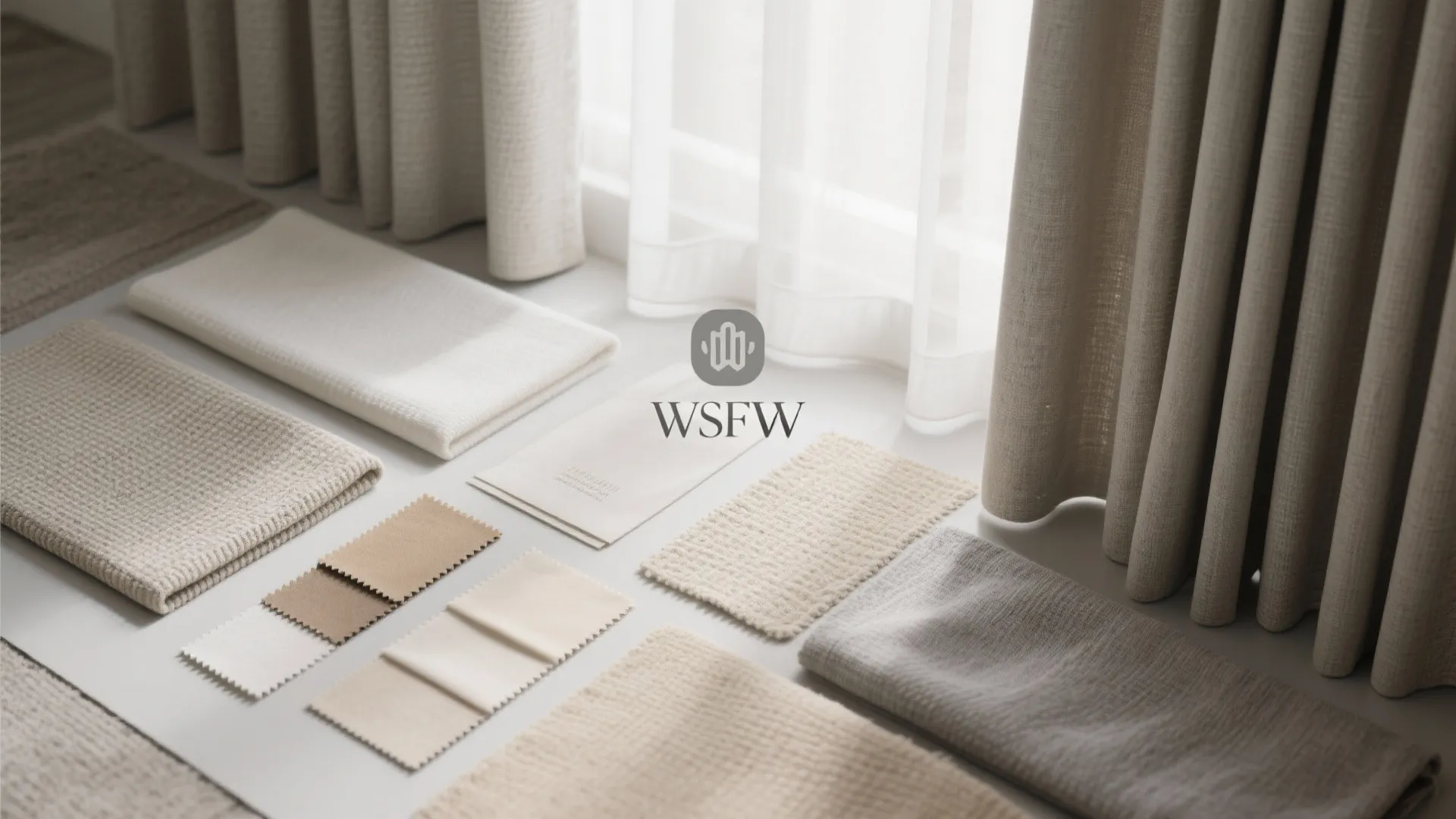 Collection of neutral fabric samples for interior design including beige and gray textures near curtains
