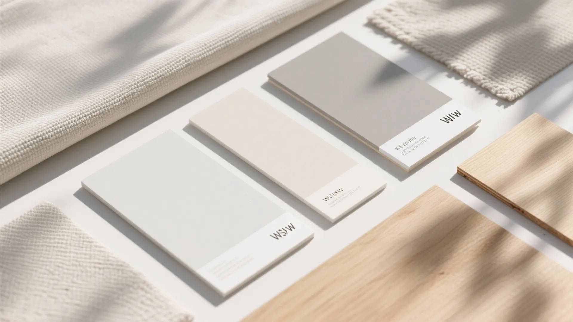 Interior design material board with neutral paint samples wood swatches and various textured fabric pieces