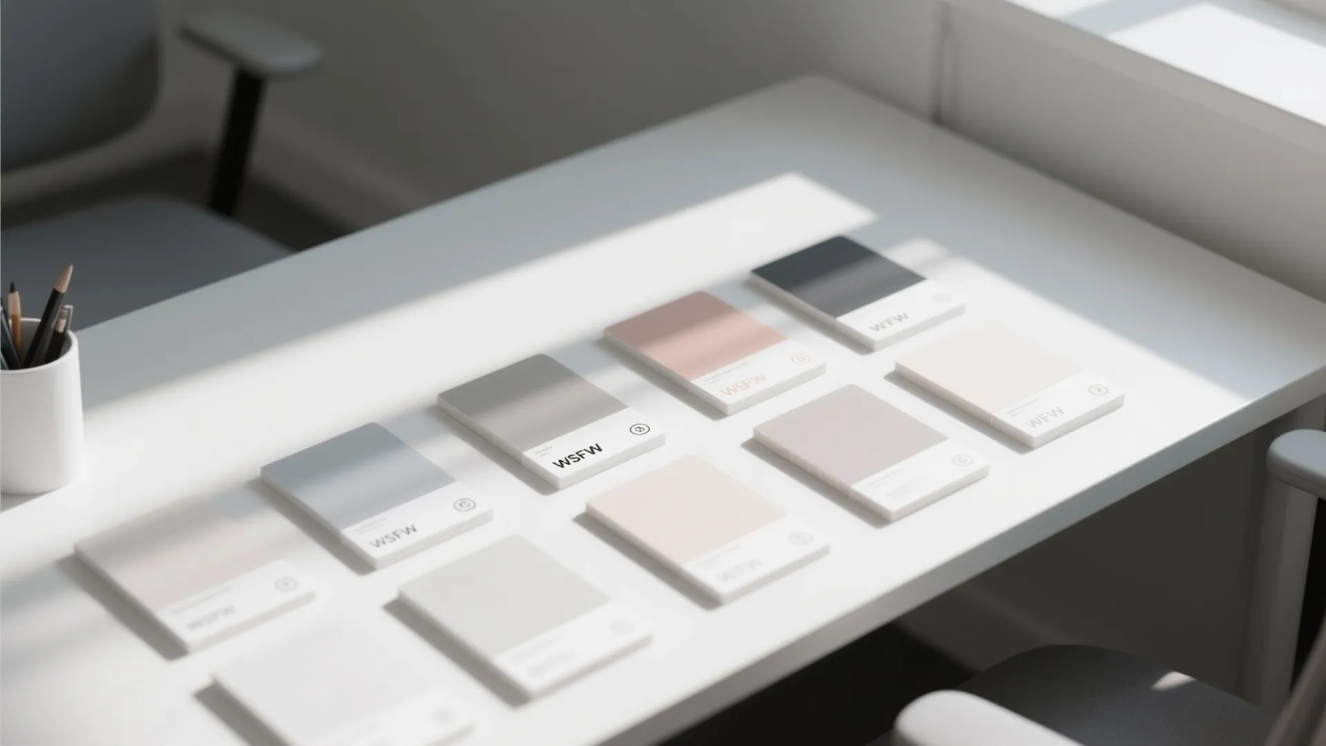 Flatlay of light color swatches for basement office walls