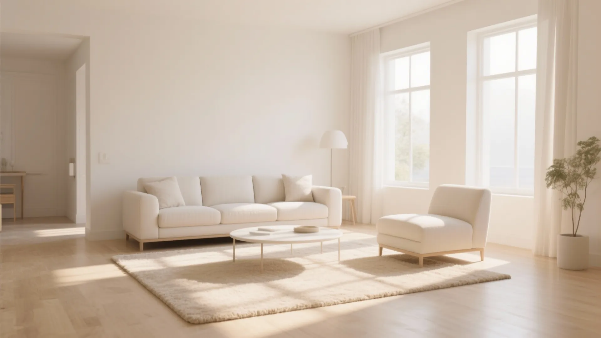 Bright open living room with white sofa round coffee table beige rug and wooden floors