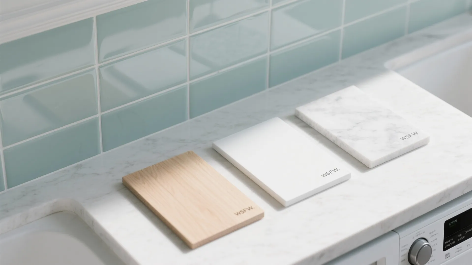 Wood and marble material samples sitting on white countertop with light blue wall tiles kitchen