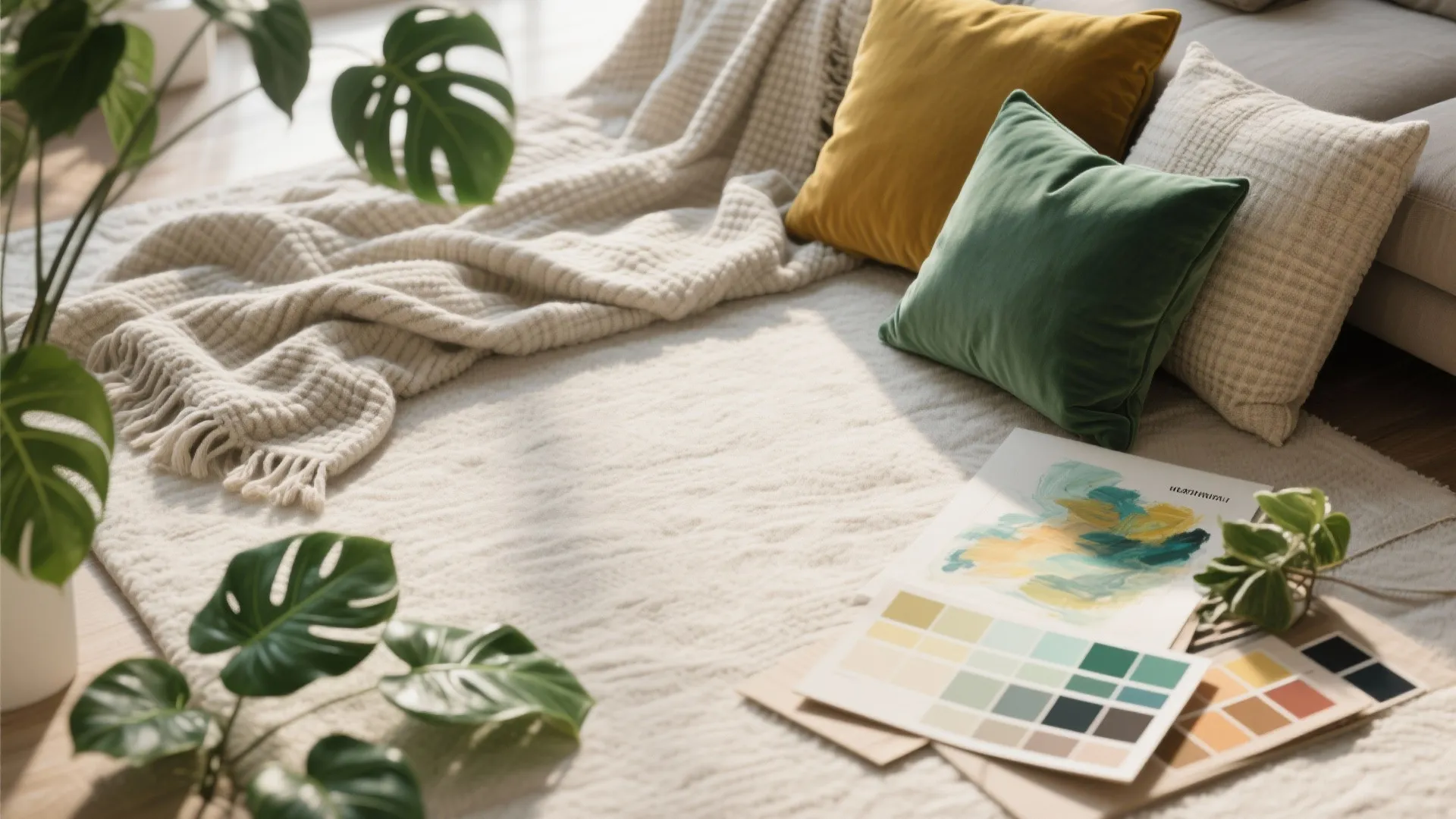 Light colored rug with green pillows color palette cards and green plants in natural sunlight
