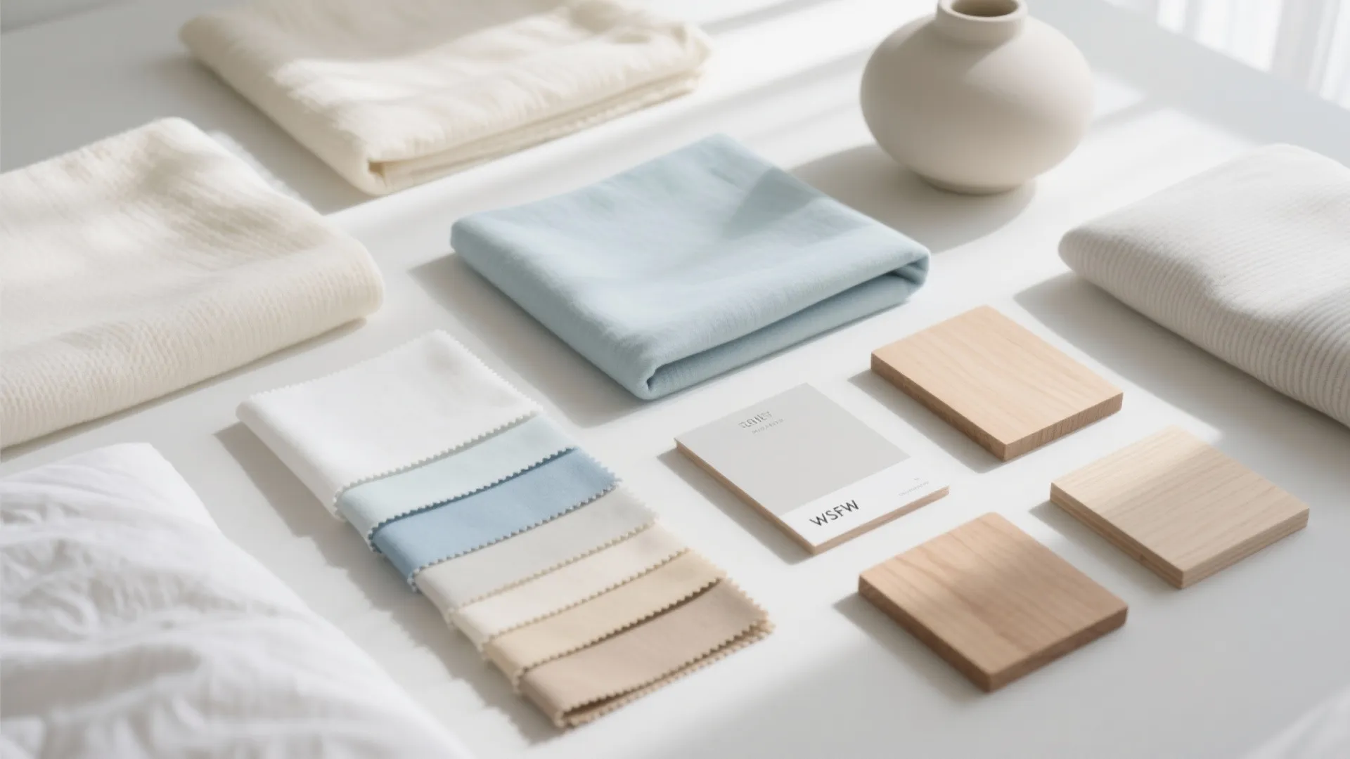 Interior design material board with blue fabric samples wood blocks and a white ceramic vase