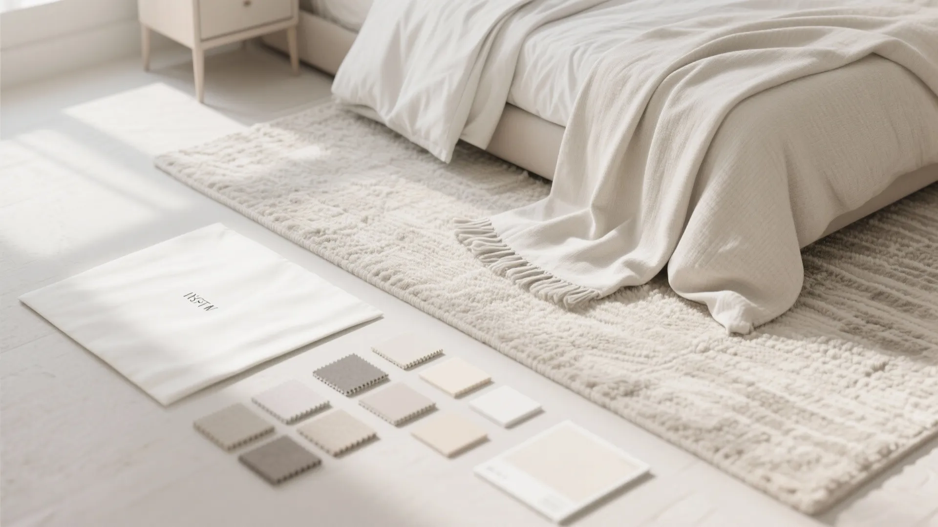 Neutral color palette swatches placed on white floor next to textured rug and beige bed