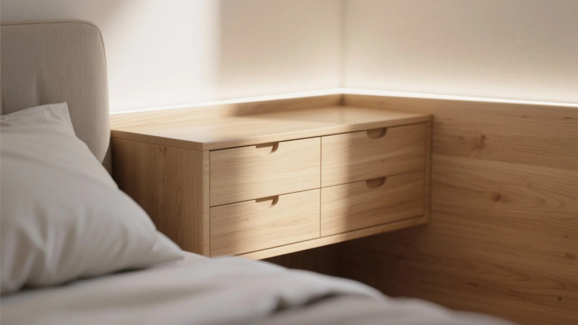 Modern wood floating cabinet in bedroom with hidden light strip and soft grey bed pillows