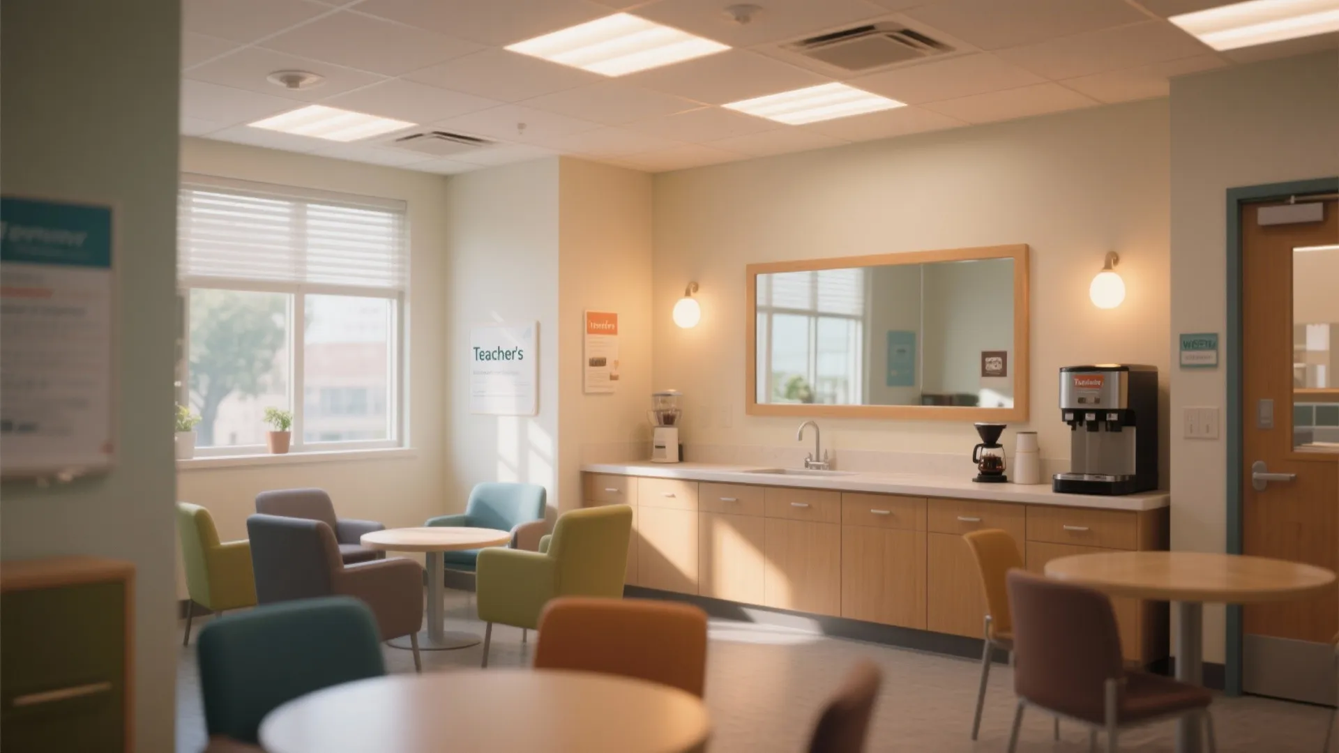 Bright break room featuring wooden cabinet, coffee station, large mirror, wall light, and colorful chairs