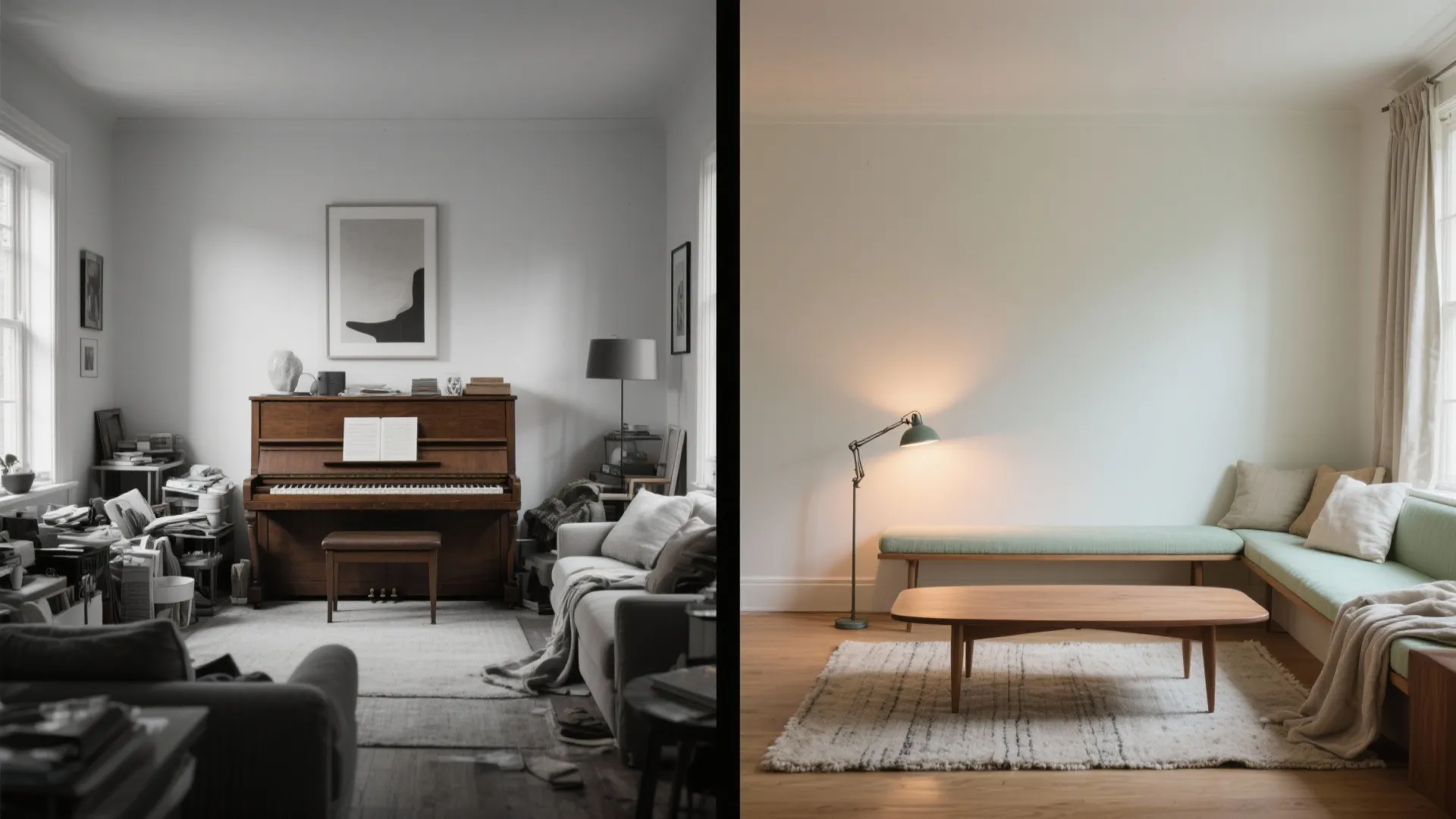 Split-screen showing a cluttered piano corner versus a calm, low-contrast, layered-lighting version.