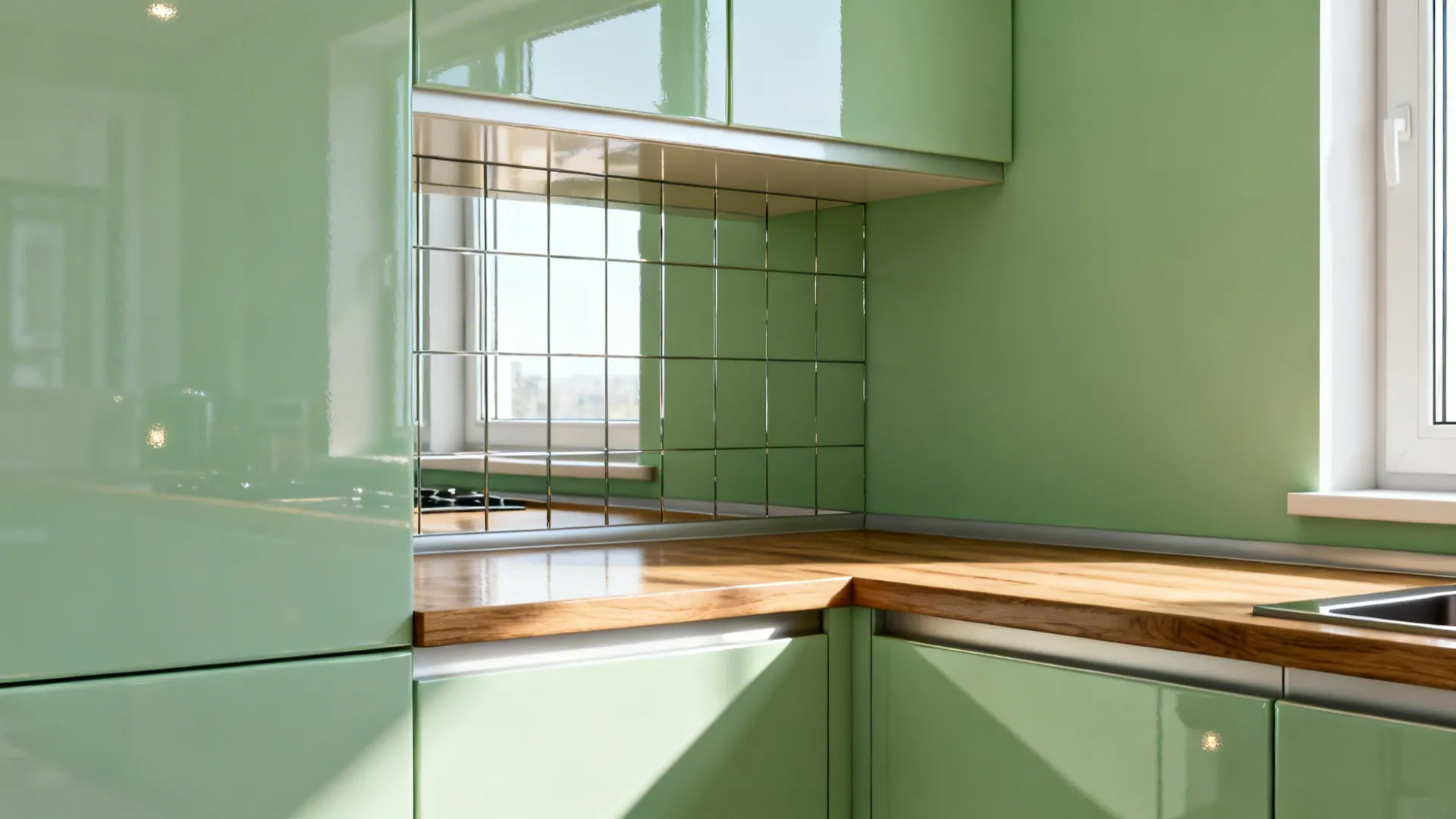 Kitchen nook with pale green wall, glossy cabinets and a mirrored backsplash reflecting light.