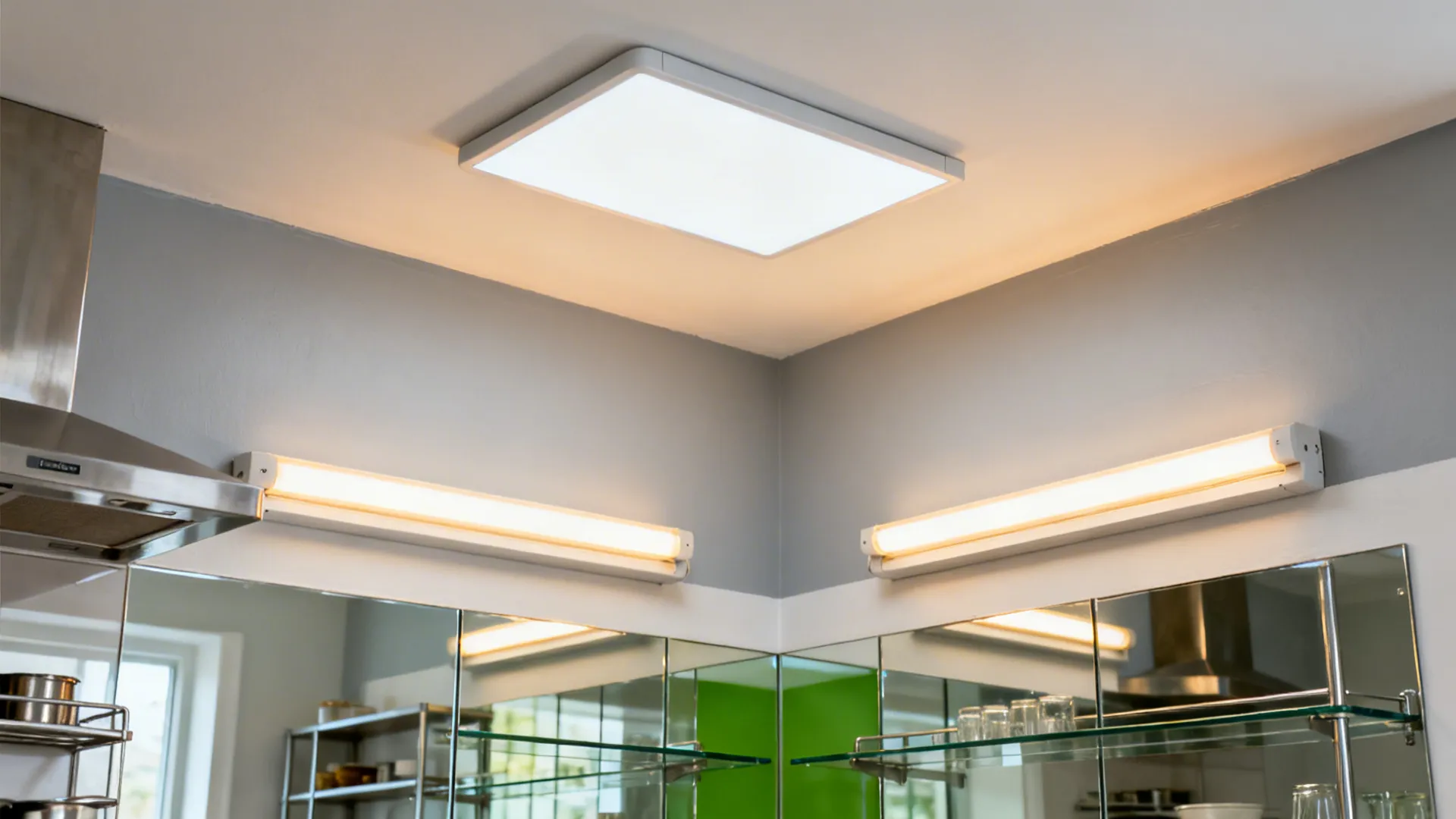 Square ceiling light and two long wall lights installed on grey walls above kitchen mirror