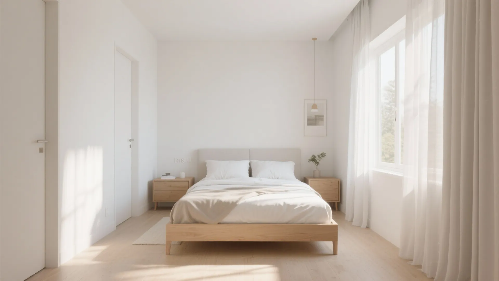 Minimalist white bedroom design featuring a light wood bed frame and large bright window curtains