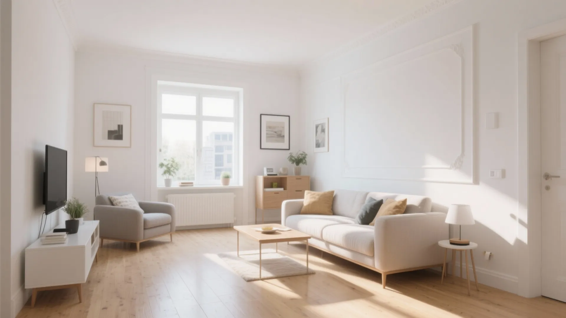 Bright living room with white sofa grey armchair wooden coffee table and natural window light
