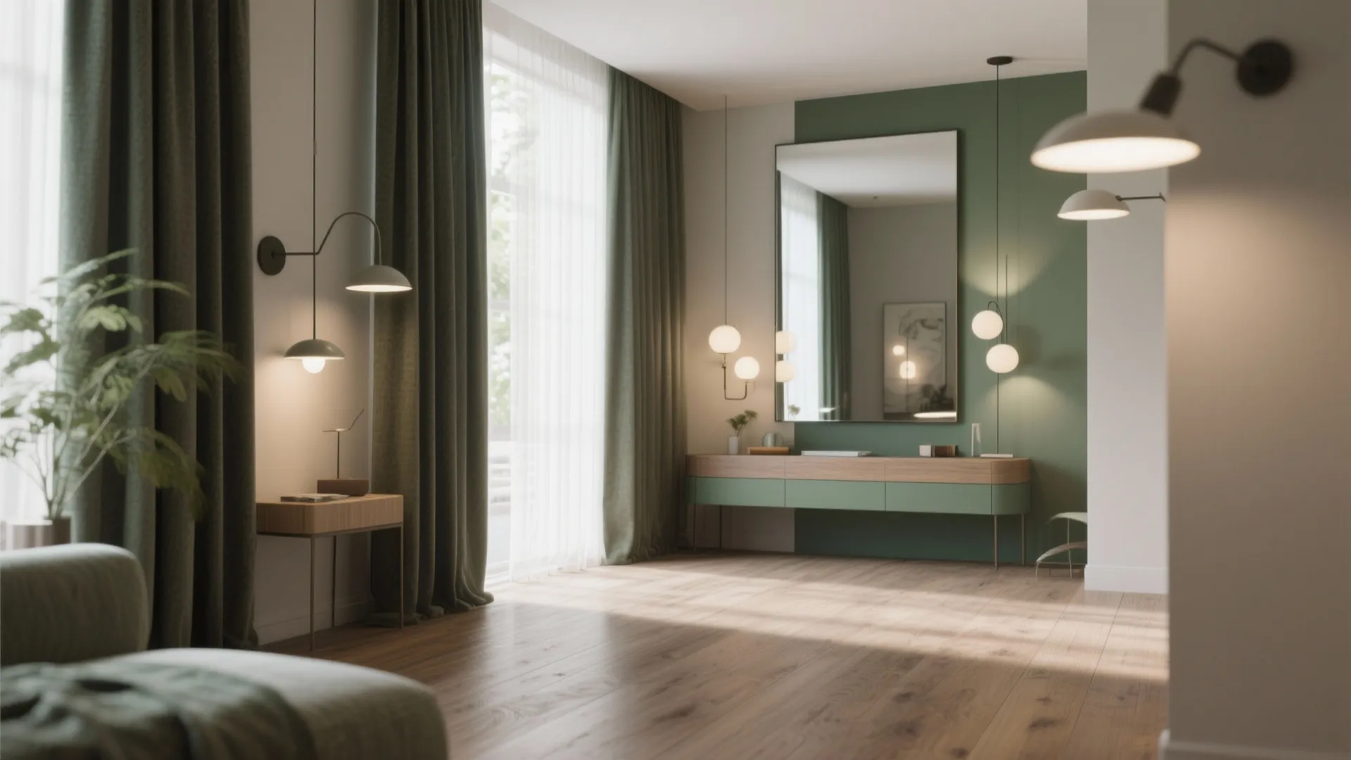 Interior detail showing flooring, full-height curtains, and layered lighting to enhance perceived space