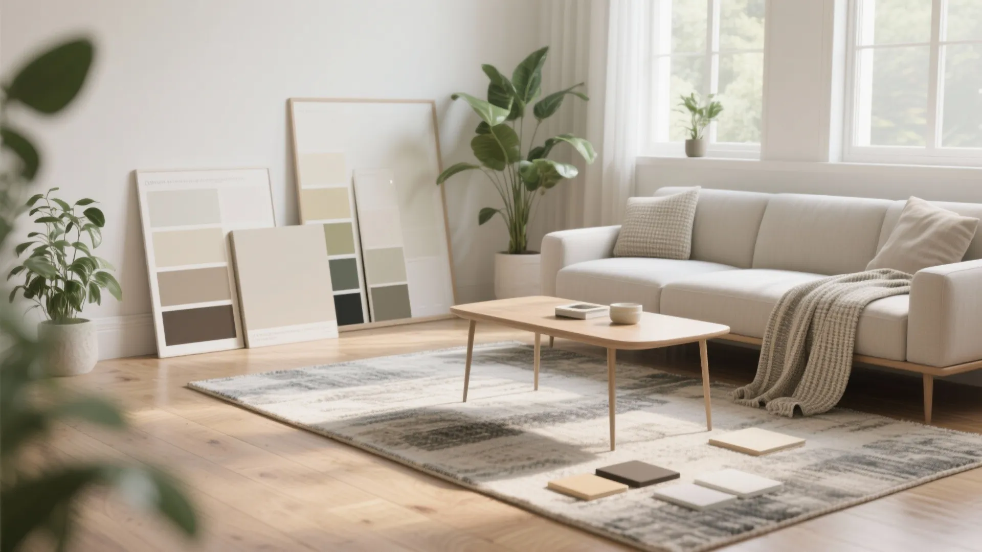 Modern living room with white sofa wooden coffee table and various paint color sample cards