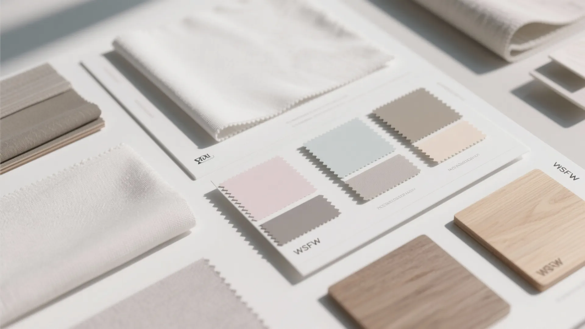 Flatlay of soft white, pale grey, and pastel bedroom materials