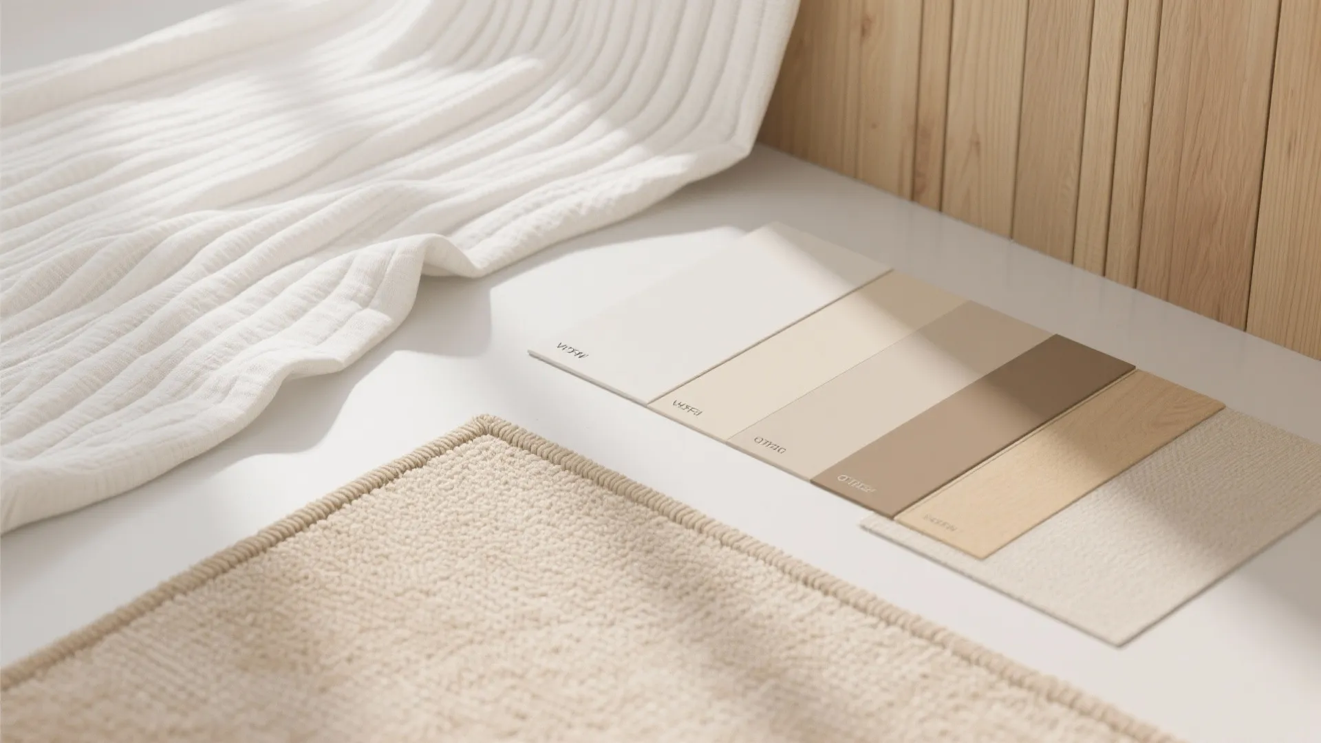 Flat lay of light-colored textured materials for small apartments