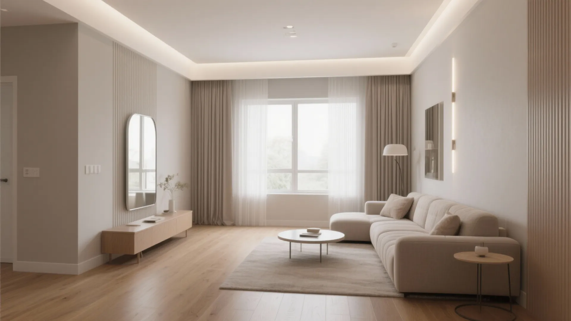 Minimalist living room with beige sofa wood floor long cabinet wall panel and large window