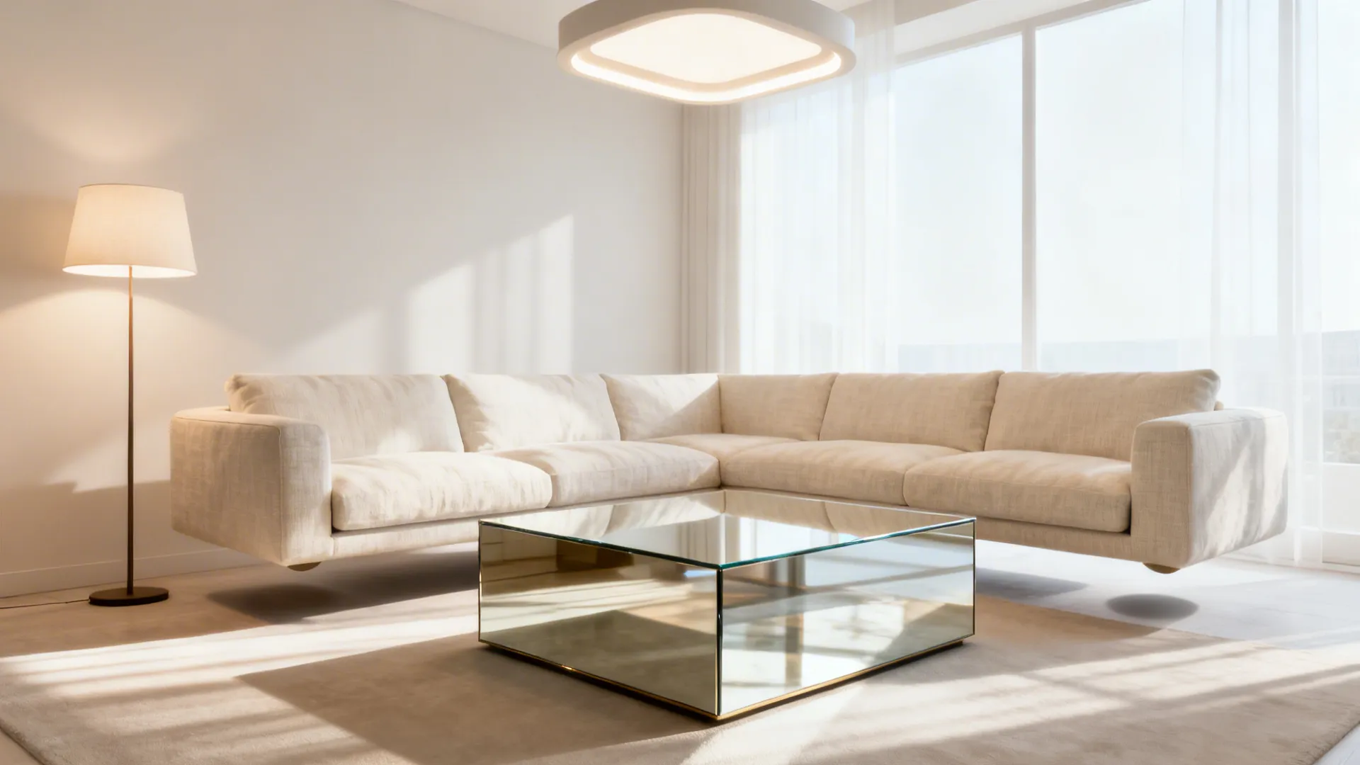 Small living room with a pale linen sectional and a mirrored console to amplify light