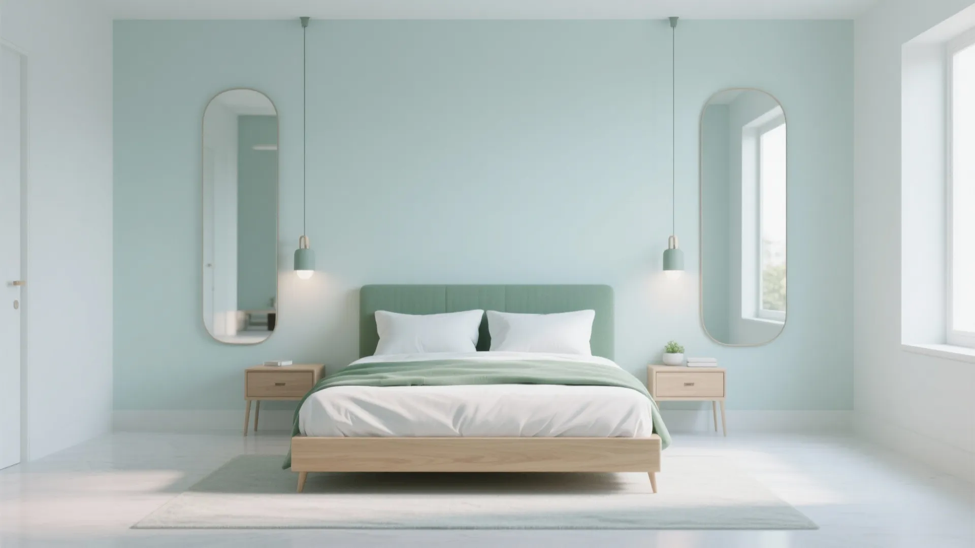 Minimalist green bedroom with light blue walls wooden bed two mirrors and hanging ceiling lights
