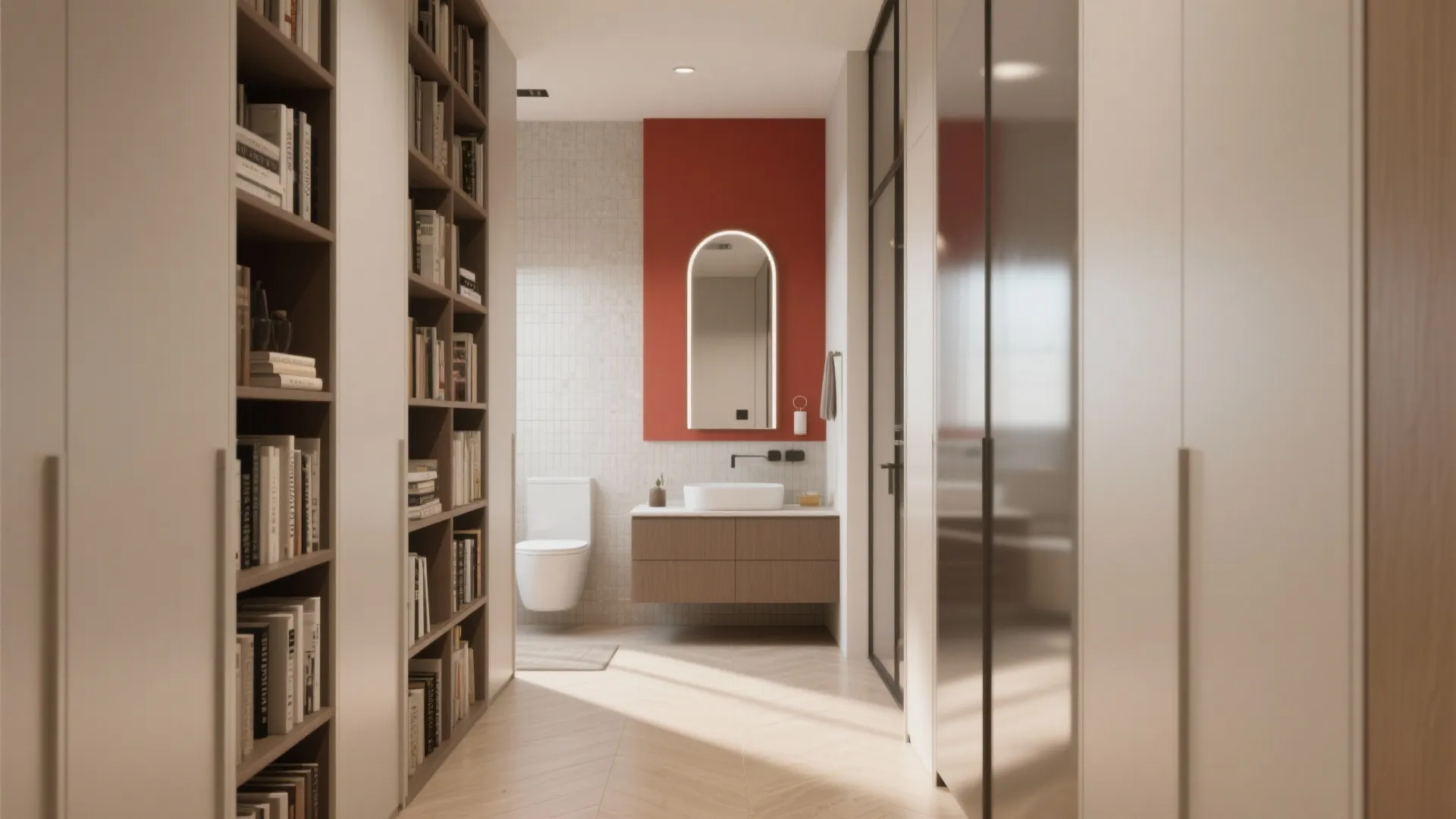 Modern hallway with tall bookshelf leading to bathroom featuring a red wall and lighted mirror