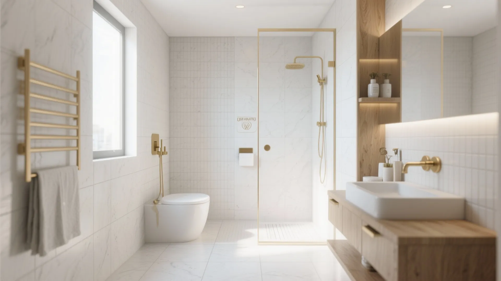 Small wet room with light neutrals, brass and wood accents